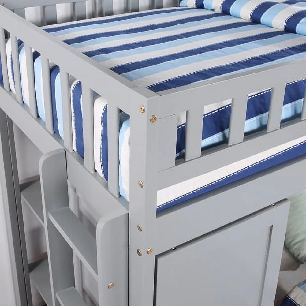 Twin Loft Bed with Closet & Desk, Wood Bed Frame with Movable Bed, Bunk Bed for Kids Adult, Gray