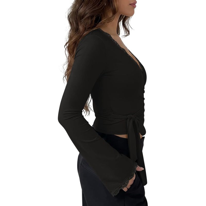 Sexy Going Out Lace Wrap Tops for Women Bell Long Sleeve Top