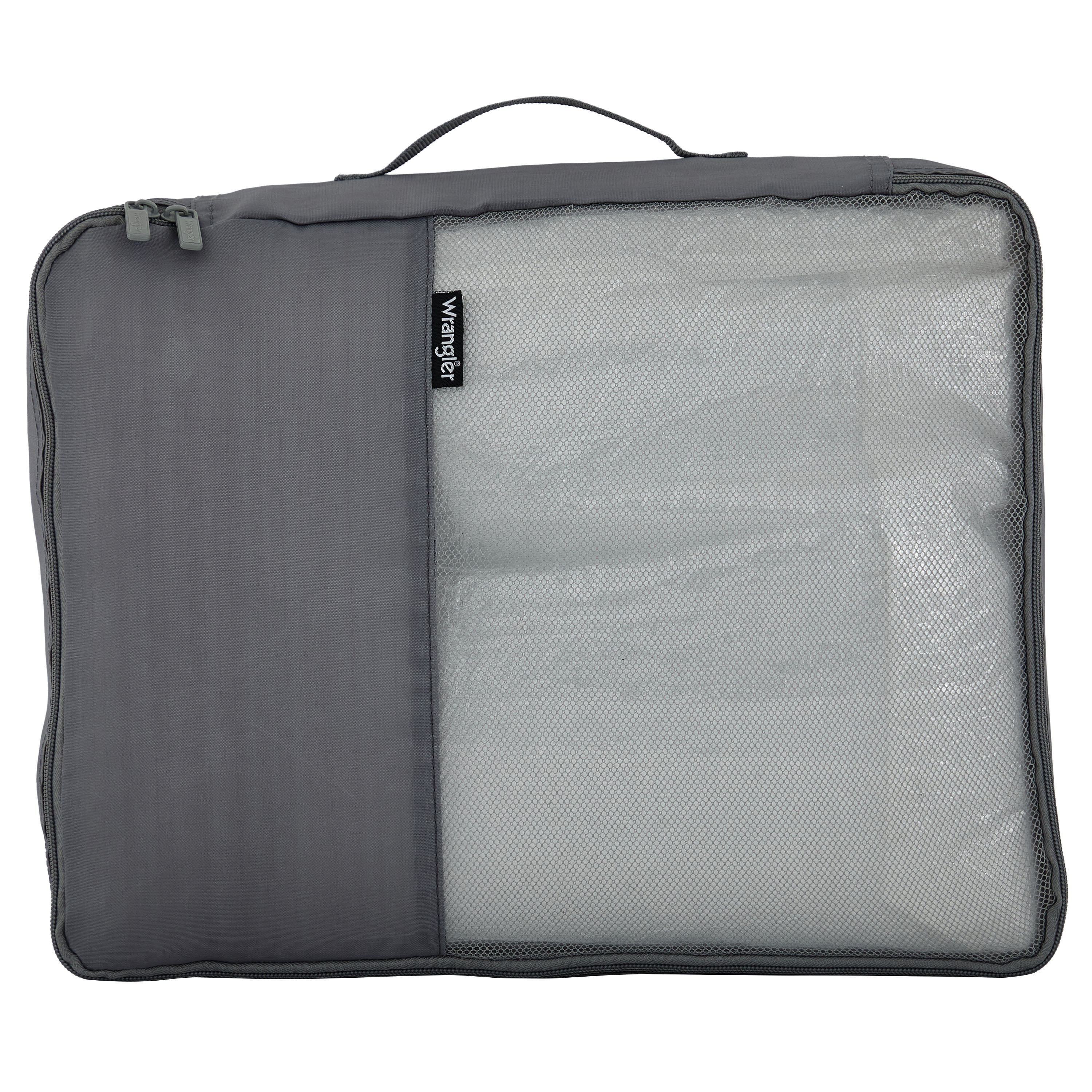 Wrangler 4 Piece Expandable Hardside Spinner Luggage Set with Packing Cubes, Sharkskin Grey