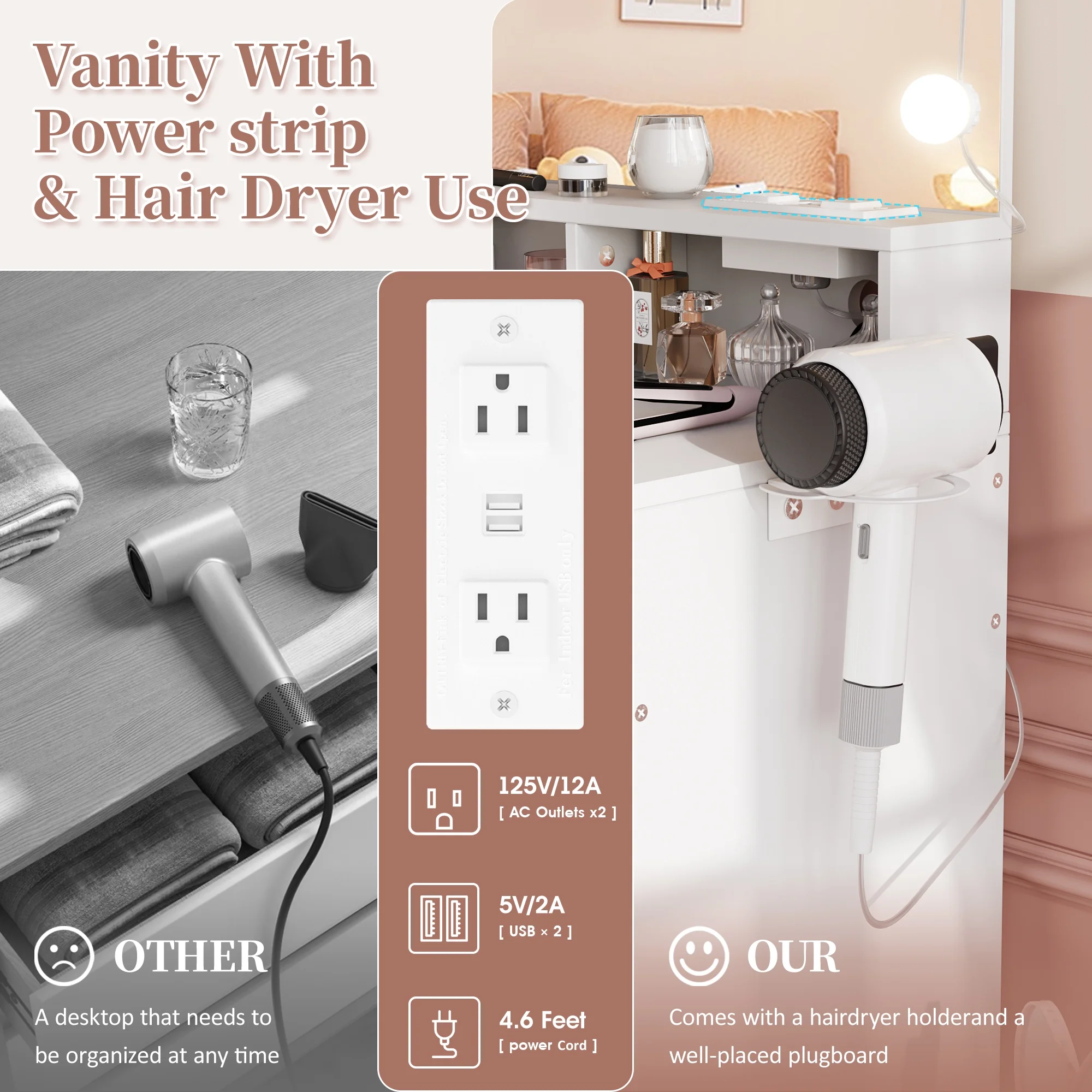 Modern Vanity Table Set with Lighted Mirror,Makeup Table with 2 Drawers & Power Strip,Dresser Desk for Girls, Women, White