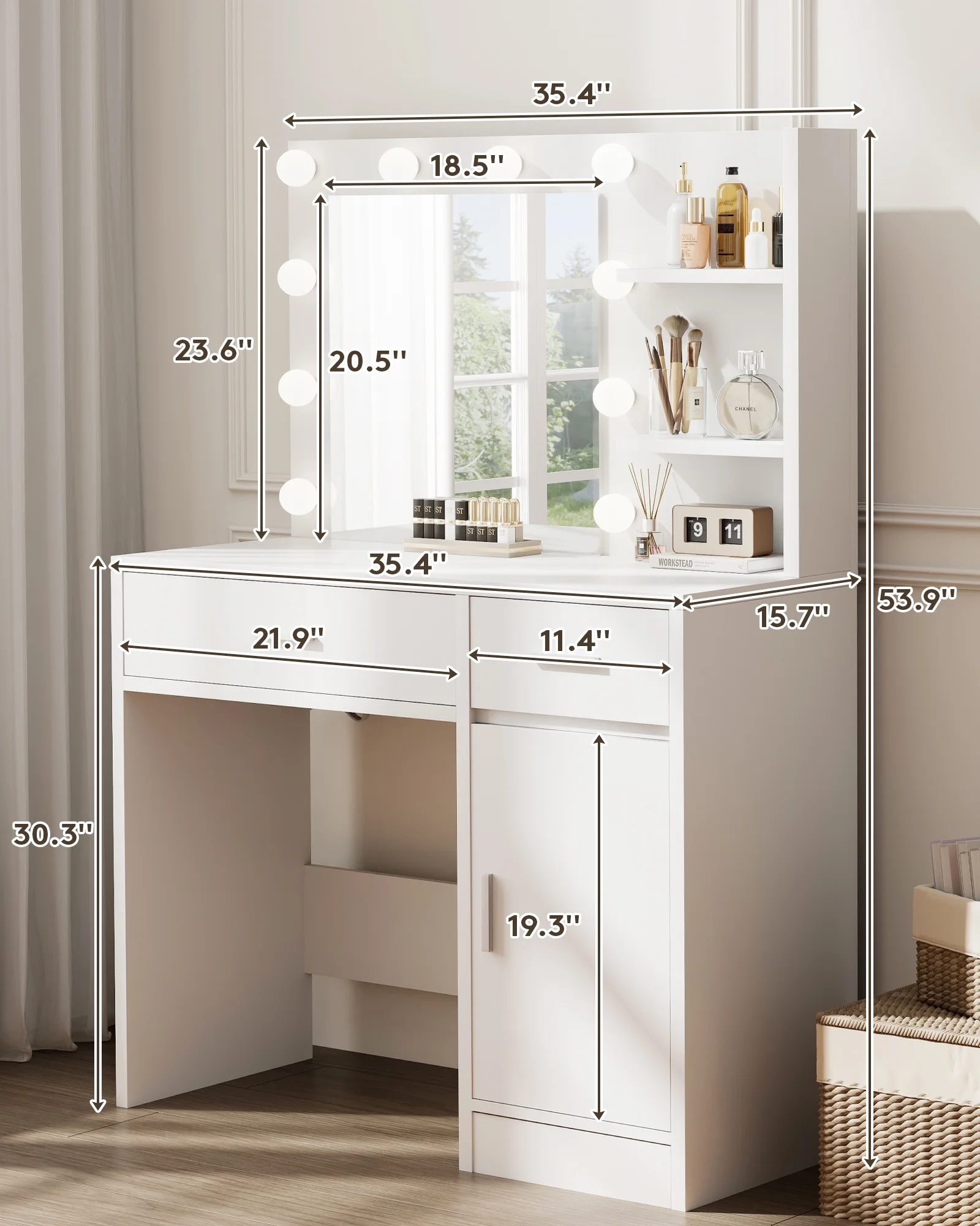 LIVELYGLOW Vanity Desk with Mirror and Lights, Makeup Vanity with Drawer & Storage Shelves, Cabinet, 3 Lighting Modes Adjustable Brightness,White