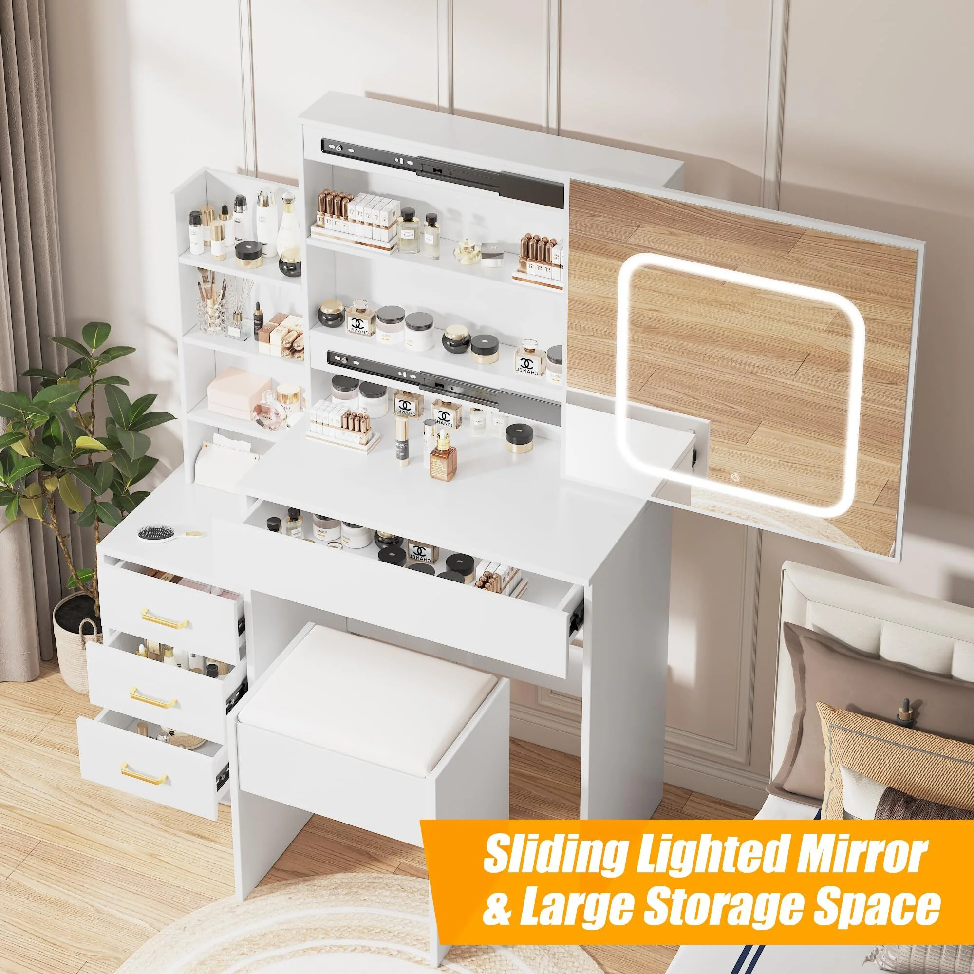 Vanity Desk with Sliding Mirror & Lights, Makeup Vanity Set with Charging Station 4 Drawers 7 Shelves, Large Vanity Set with Cushioned Stool for Bedroom, White