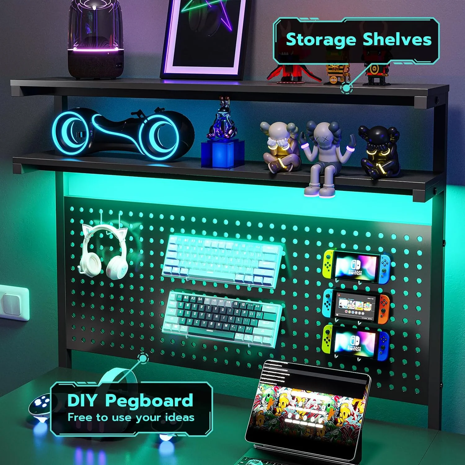 SEDETA White L Shaped Gaming Desk with LED Lights and Drawers, Gaming Desk with Hutch & Pegboard, Computer Desk with Monitor Stand, Storage Shelves, Home Office Desk Corner Desk, Gaming Table