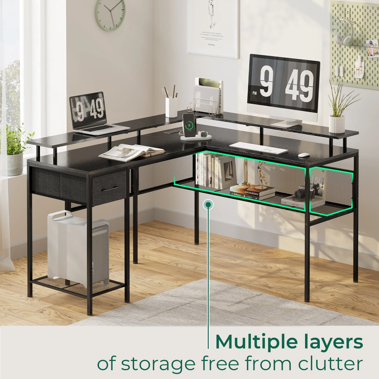 Huuger Gaming Desk with LED Lights & Power Outlets, L Shaped Desk Computer Desk with Storage Shelves, Fabric Drawer, Monitor Stand, Home Office Desk, Corner Desk, Black