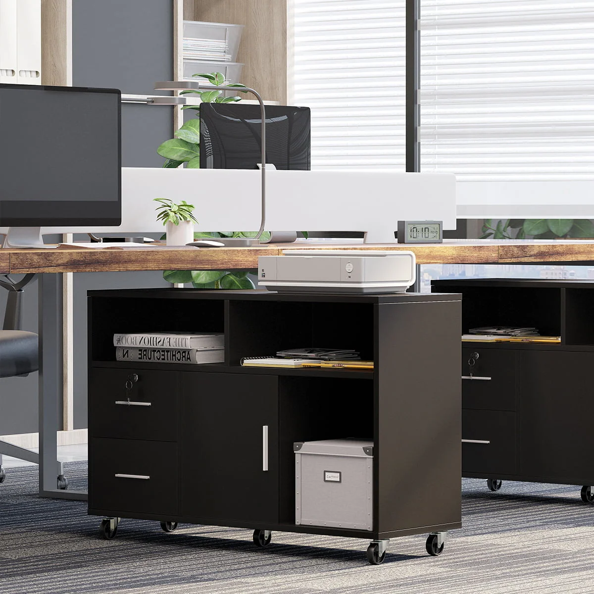 Dextrus 2 Drawer Wood File Cabinet, Mobile Lateral Filing Cabinet with Lock, Printer Stand with Open Storage Shelves for Home Office, Drawers Without Hanging Bars, Black