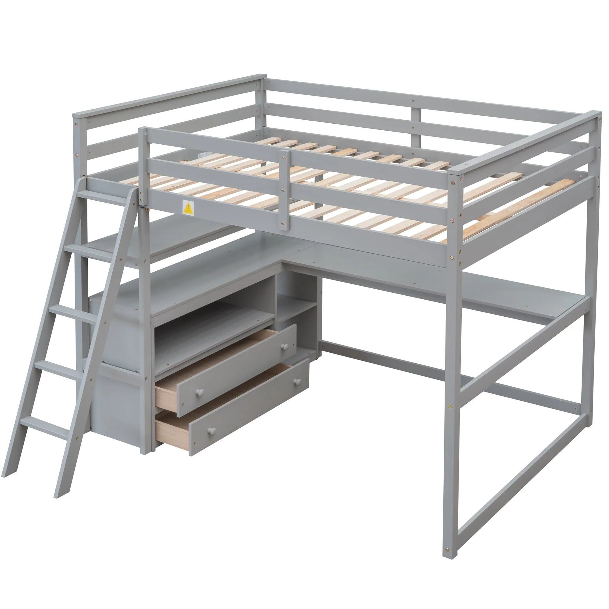 Euroco Full Size Wood Loft Bed with Desk, Shelves and Cabinets for Kids Room, Incline Ladder and 3 Drawers, Gray