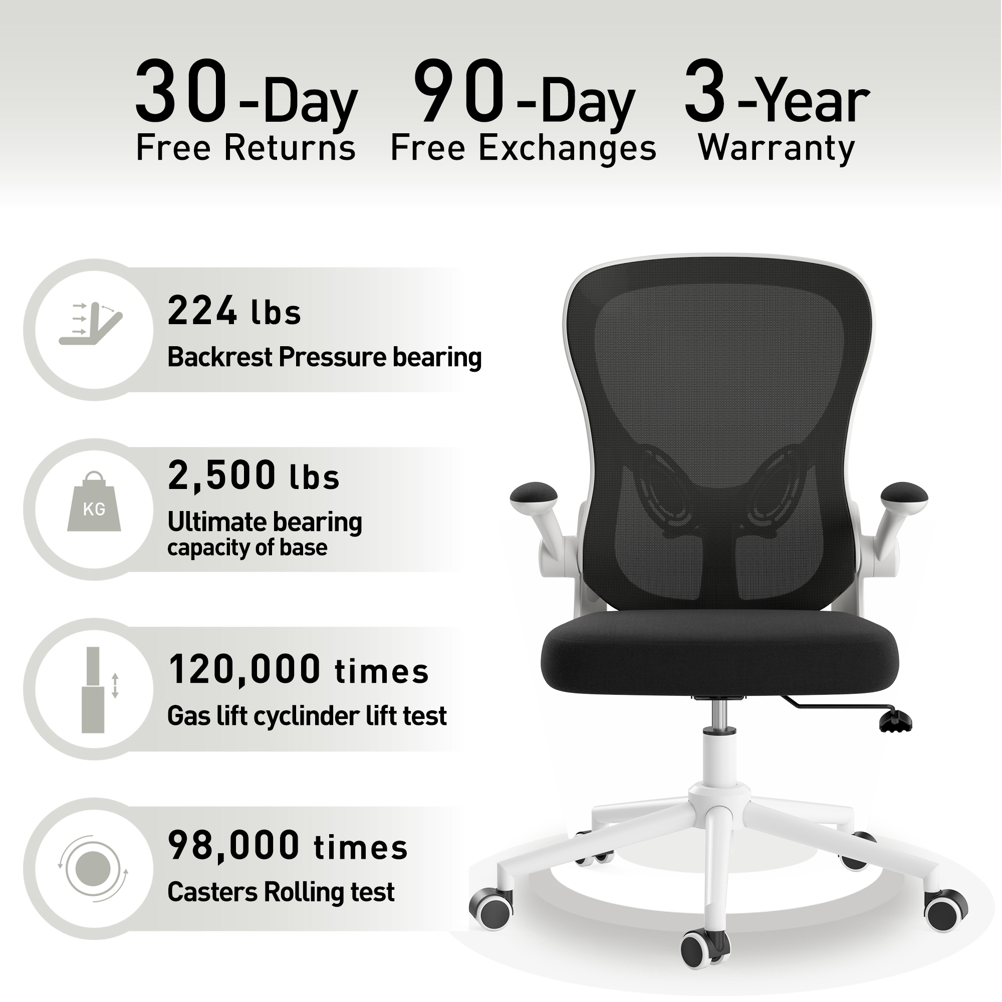 Hbada Office Chair, Ergonomic Desk Chair, Computer Mesh Chair with Lumbar Support and Flip-up Arms, Gray