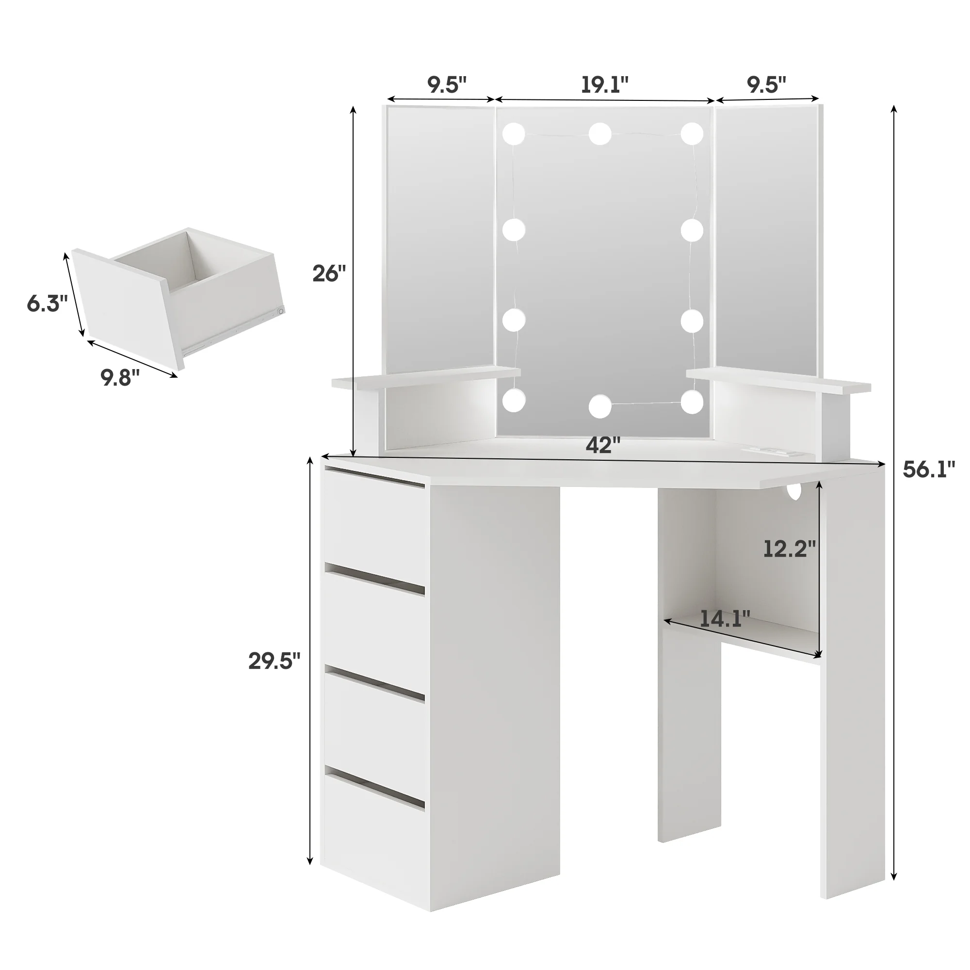 Veanerwood White Corner Vanity Desk with Mirror and Light,Makeup Table with 4 Drawers and Charging Station for Bedroom