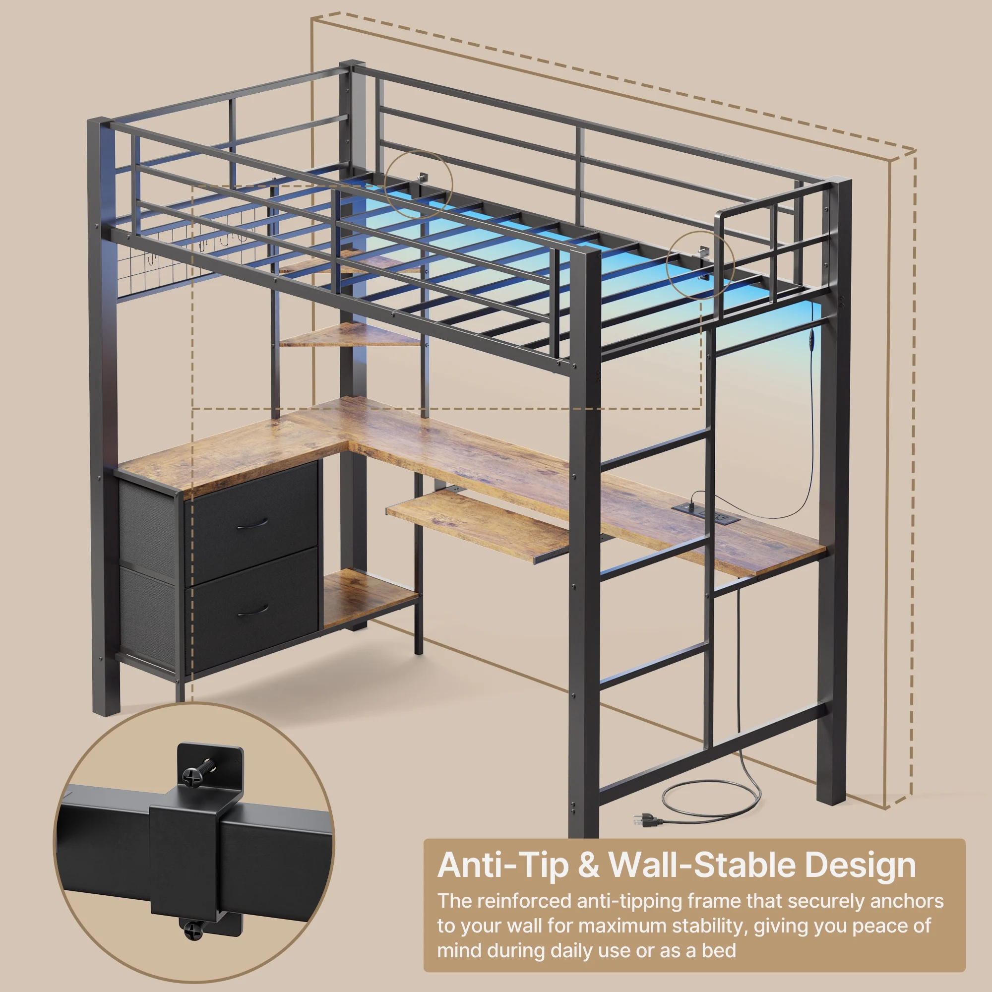 Loft Bed Frame with L-Shaped Writing Desk with Storage Drawers and Shelves, Lofka Twin Metal Bed with LED Lights and Charging Station, Retro Brown Board