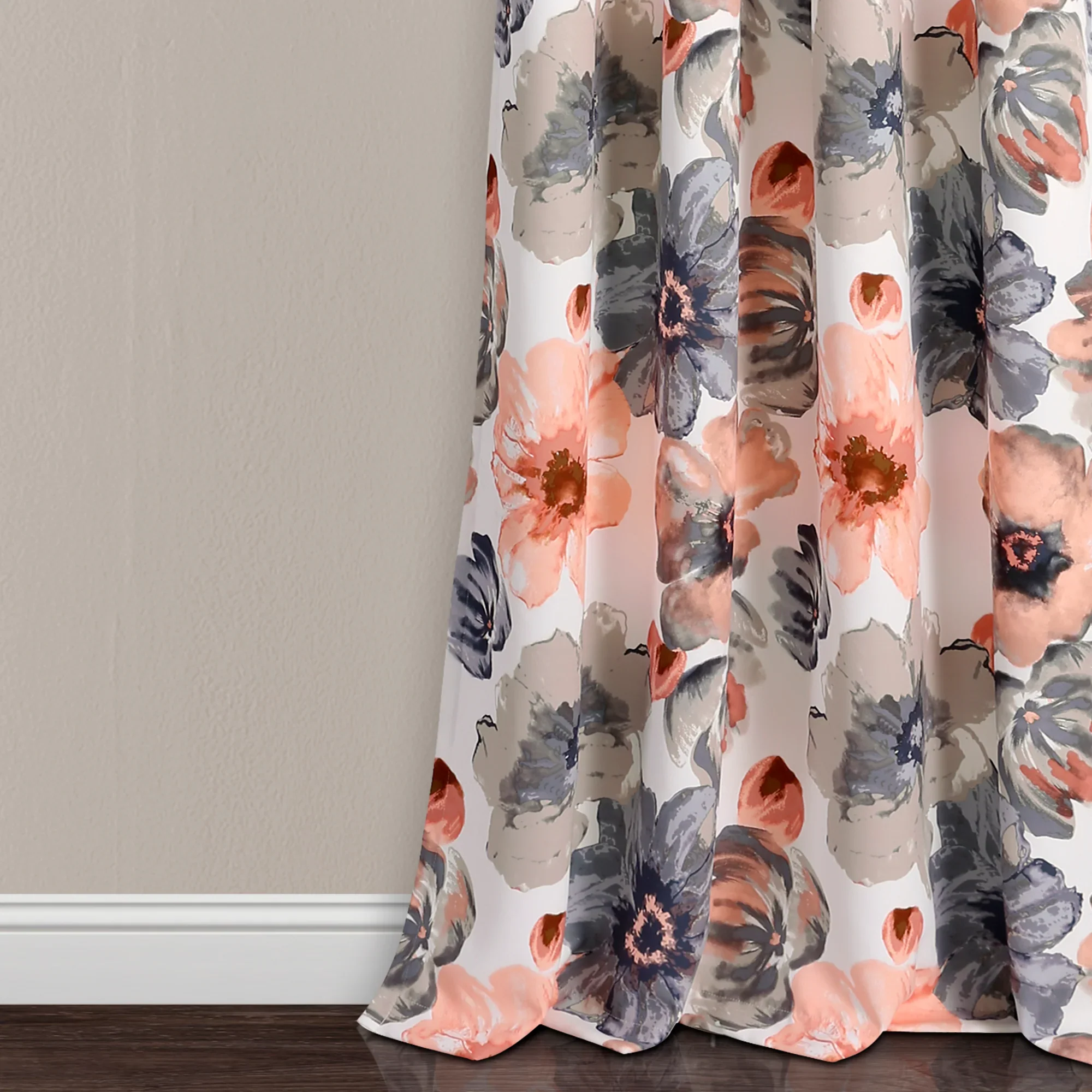 Lush Decor Leah Classic Floral Print Room Darkening Metal Grommets Window Curtain Panel, Coral/Gray, 84