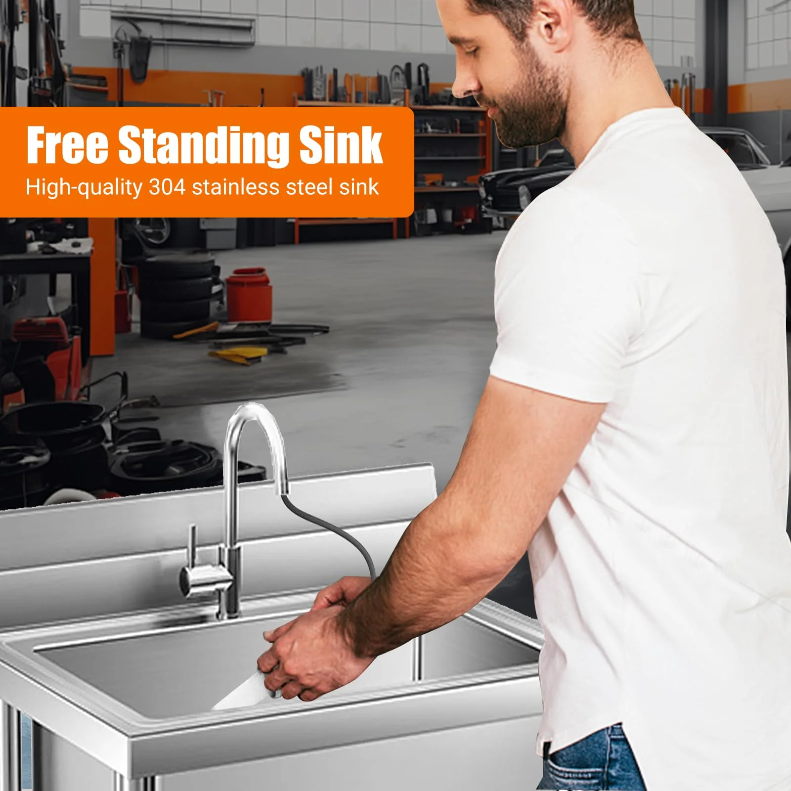 Kojooin Stainless Steel Commercial Utility Sink,Free Standing Single Bowl Pull-Down Faucet Heavy Duty Sink for Restaurant Bar Laundry - Hot & Cold Water Indoor & Outdoor