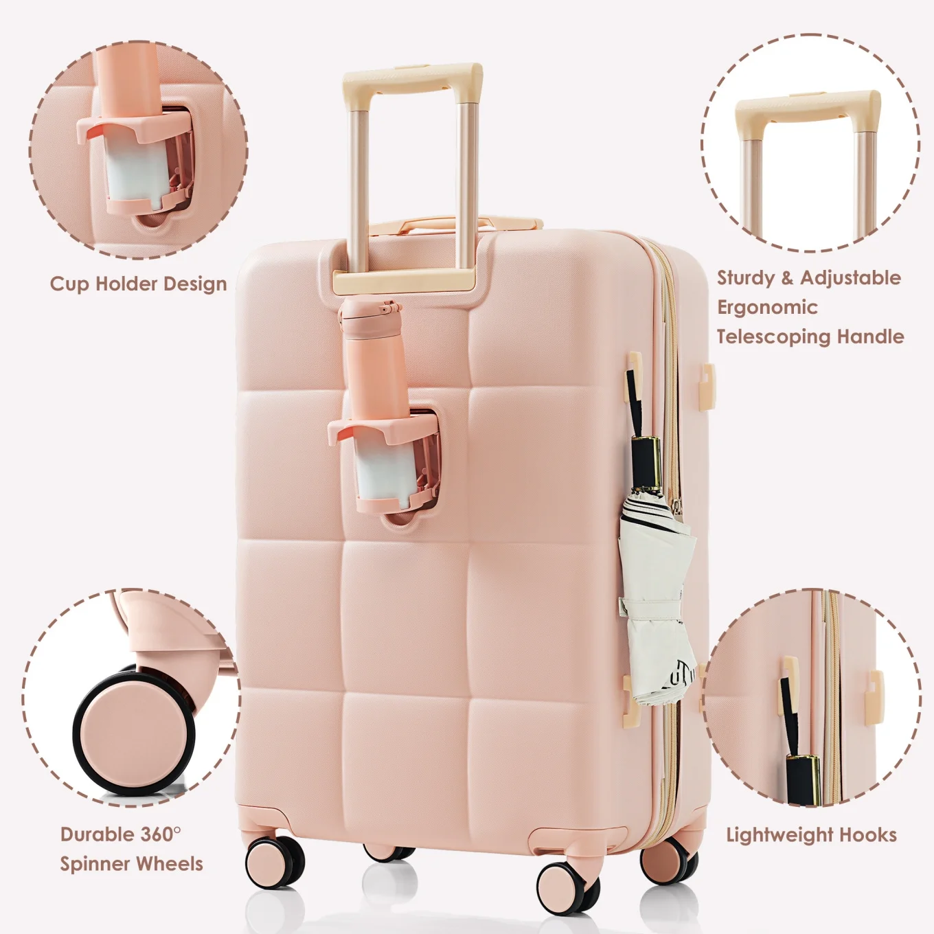 3 Piece Luggage Set , 20/24/28 inches Suitcase Set , ABS Hardshell Expandable Luggage Sets with TSA Lock,20-inch with USB Port, Carry On Luggage for Men Women, Pink