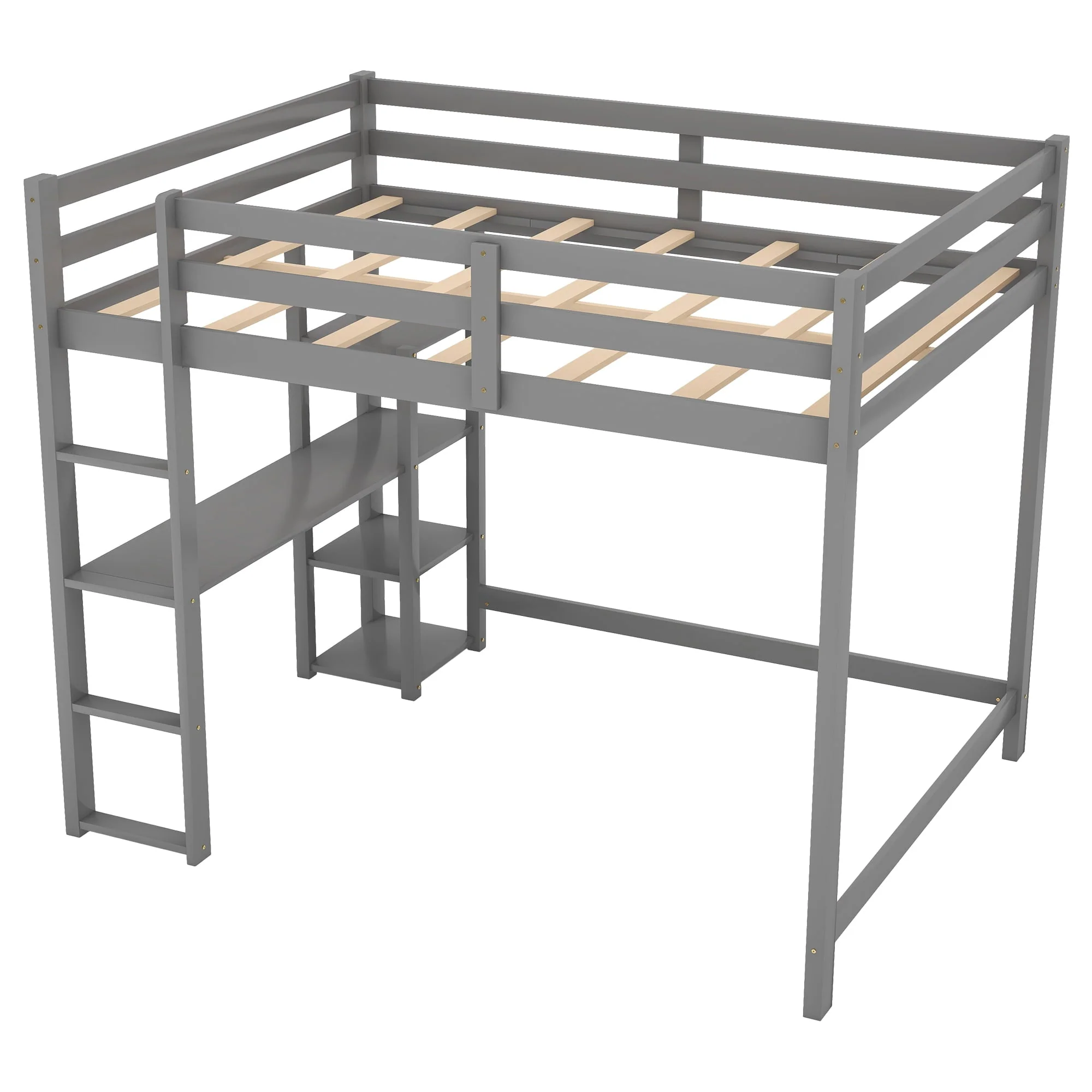 Euroco Full Size Loft Bed with Built-in Desk and Shelves, Gray