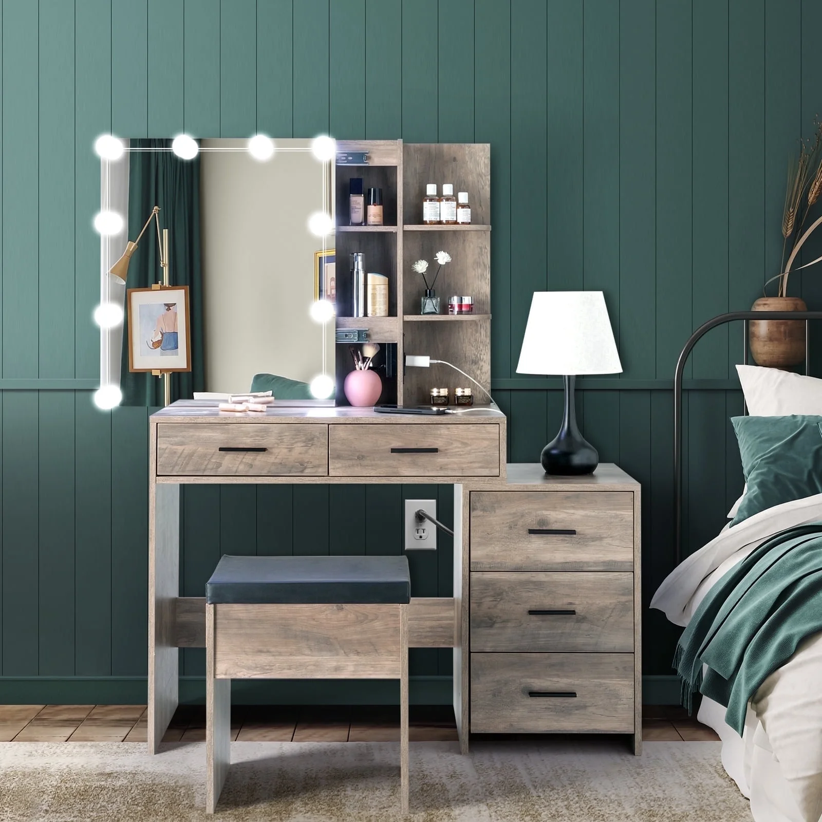 Gundir LED Makeup Vanity Desk with Sliding Mirror, 10 Lights Bulbs & Charging Station - Vanity Dressing Table with 5 Drawers, 2 Shelves & Stool