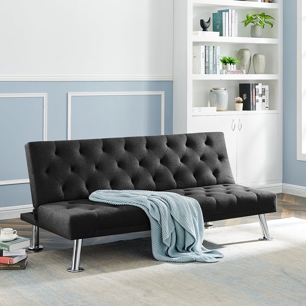Medgthi Futon Sofa Bed, Upholstered Convertible Folding Sofa Bed Sleeper for Home Living Room, Black