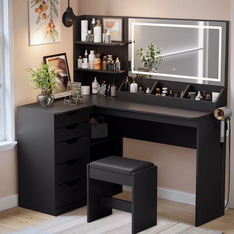 Furmax L Shaped Vanity Desk Set Corner Makeup Vanity Set with Adjustable LED Lighted Mirror & Power Outlets Dressing Table with Organizers, and Cushioned Stool, White