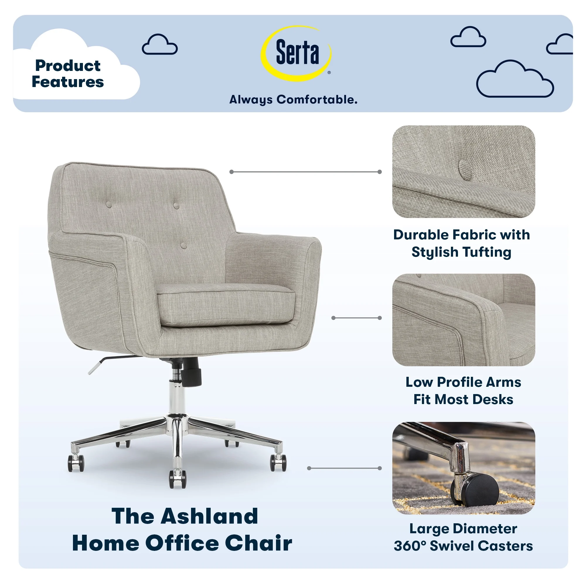 Serta Ashland Office Desk Chair, Button Tufted Mid-Back, Memory Foam Cushion, Chrome Swivel Base, Charcoal