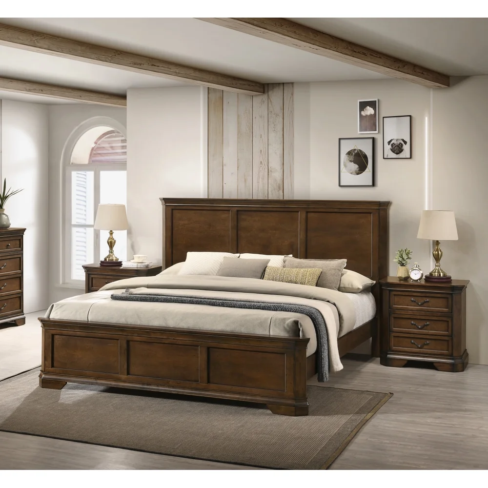 Maderne Traditional 3-Piece Wood Bedroom Set with King Size Panel Bed and Two Nightstands
