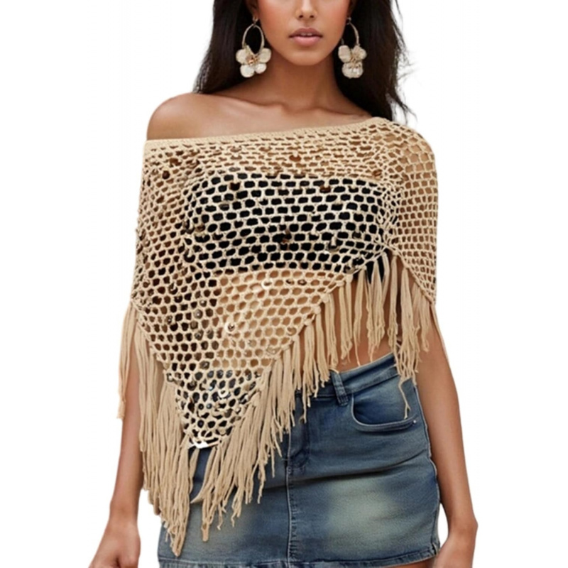 Women Sheer Poncho Top Lightweight Knit Crochet Shrug