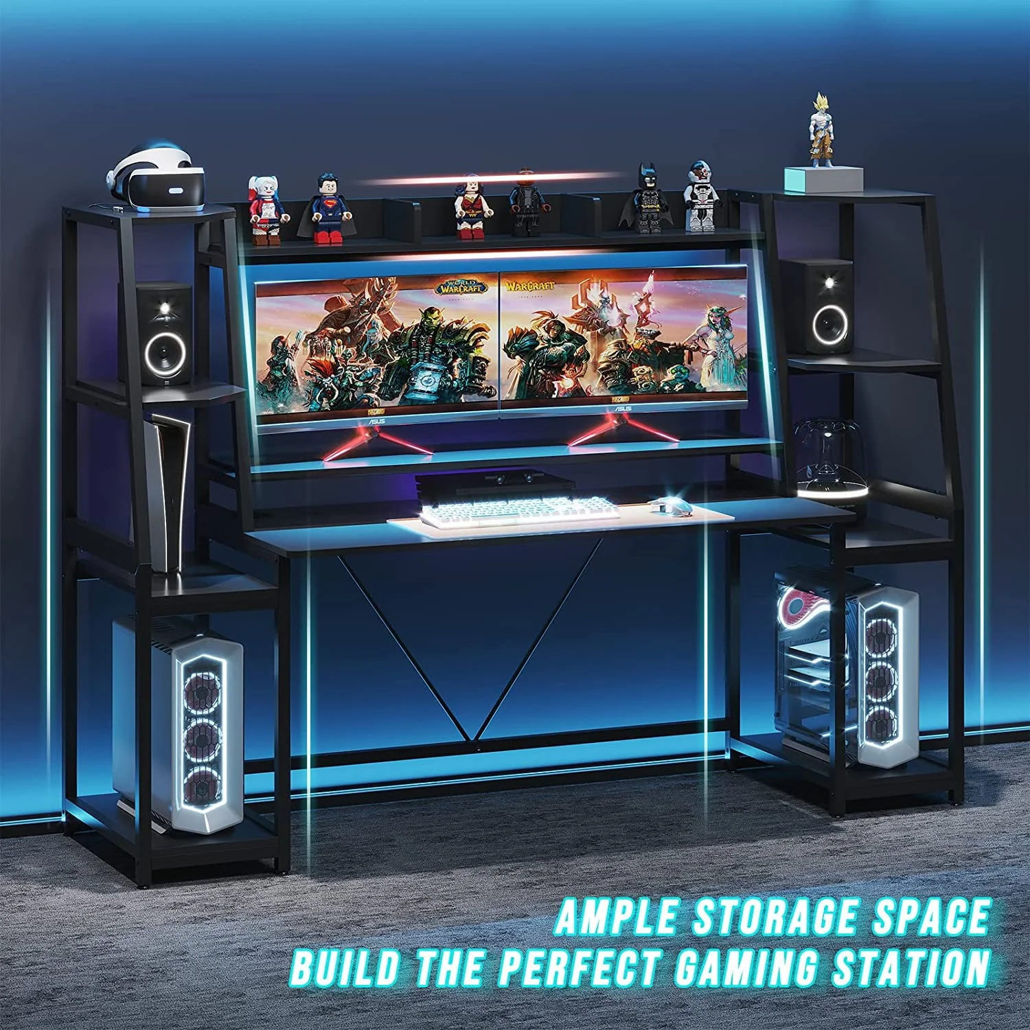 78.8 Inches Gaming Desk with LED Lights, Hutch and Storage Shelves, Ergonomic Computer Desk, Black