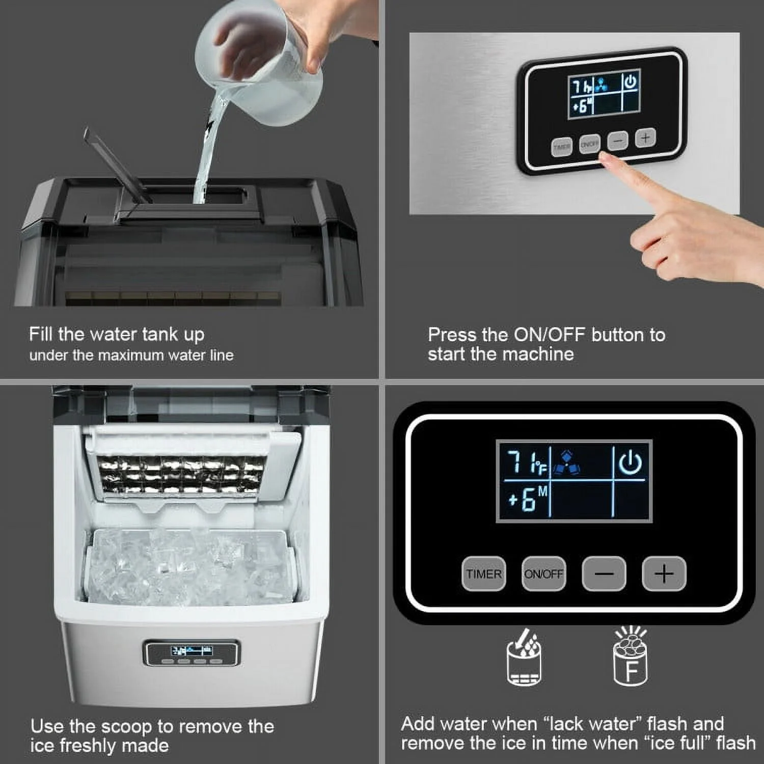 Resenkos Ice Maker Machine, Machine for Making Ice Cubes, 48 lbs Stainless Self-Clean Ice Maker with LCD Display