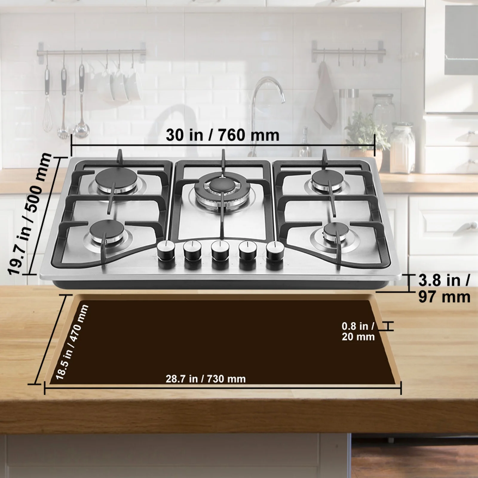 KFFKFF 30-inch Gas Range, Quintuple Burners Integrated Gas Cooktop, Peak 12250BTU NG/LPG Adaptable Stainless Steel Propane Stove, Featuring Thermocouple Safety for Outdoors, Small Living Spaces
