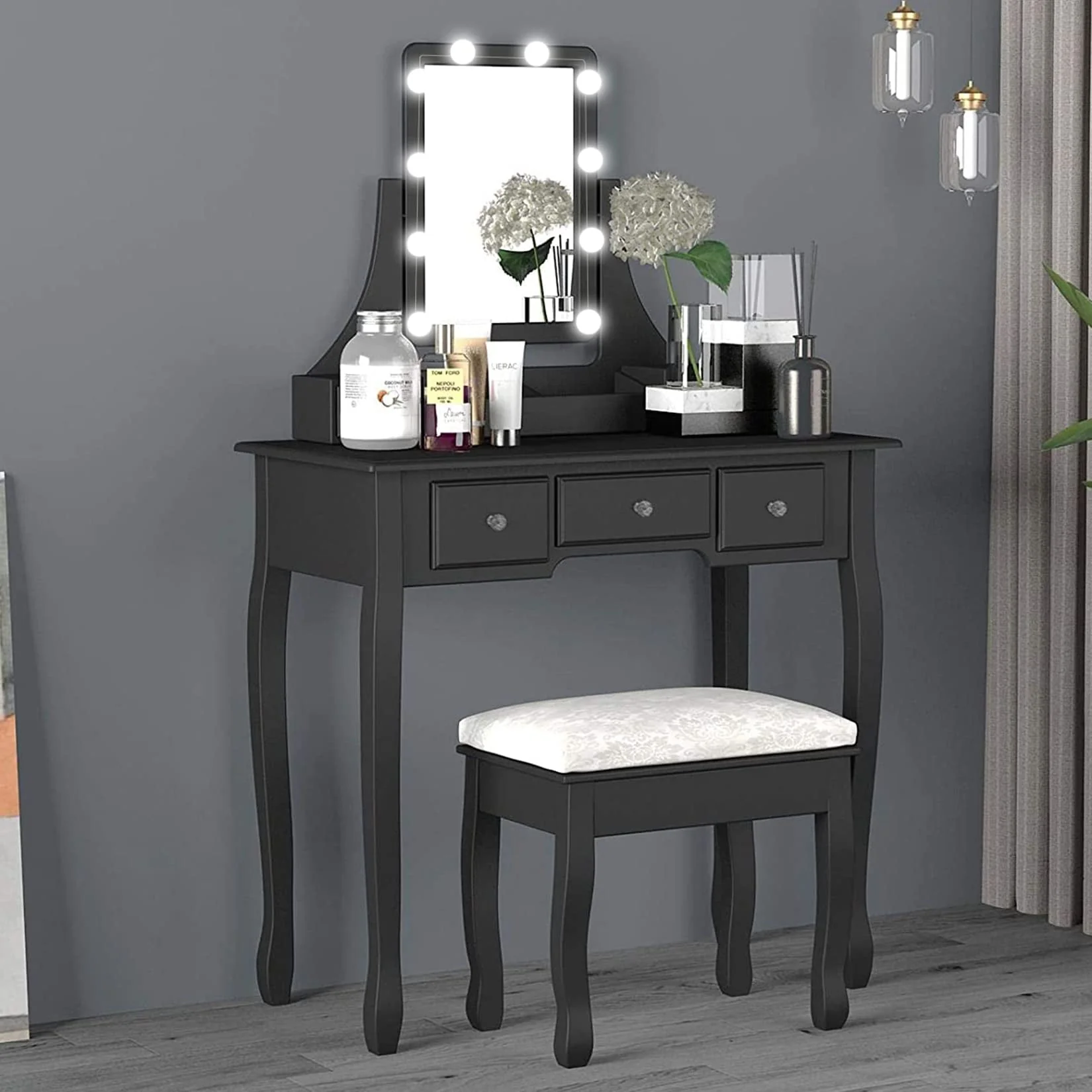 VEANERWOOD Makeup Vanity Table with 10 Led Lights, Lighted Mirror Vanity Desk with Cushioned Stool Set, 5 Drawers and 2 Shelves, Bedroom Dressing Vanity, Luxurious, Black