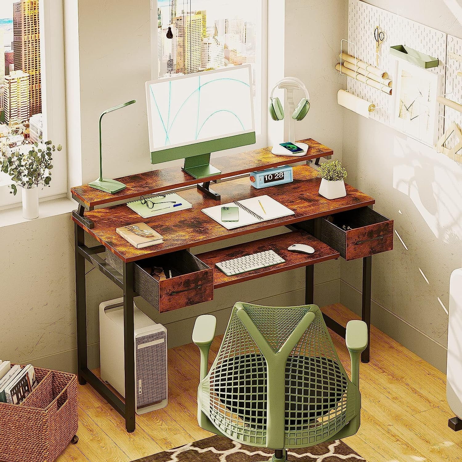 48 inch Computer Desk with Keyboard Tray, Modern Home Office Desk with Shelf & Drawers, Study Desk for Student, Rustic Brown