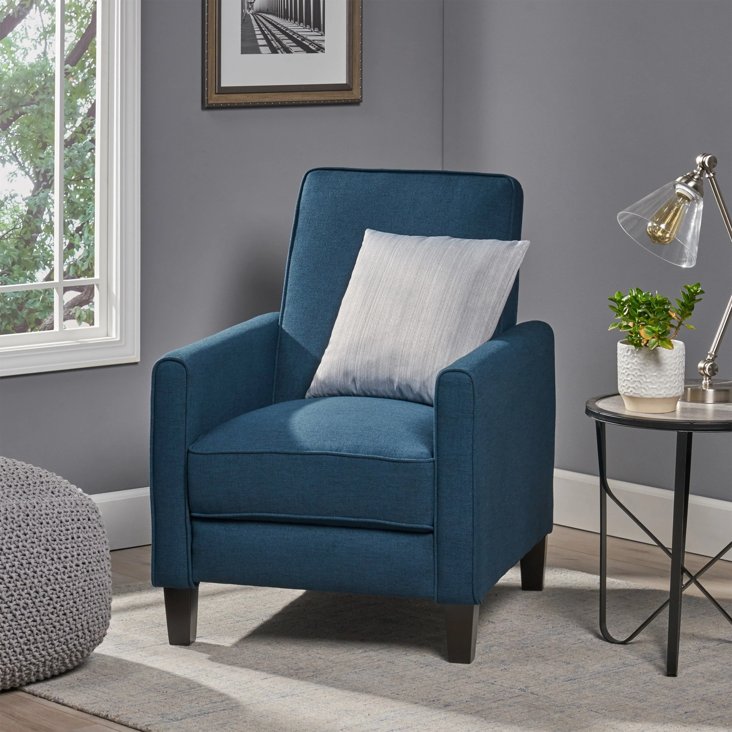 Noble House Jameson Fabric Recliner,Navy Blue and Dark Brown