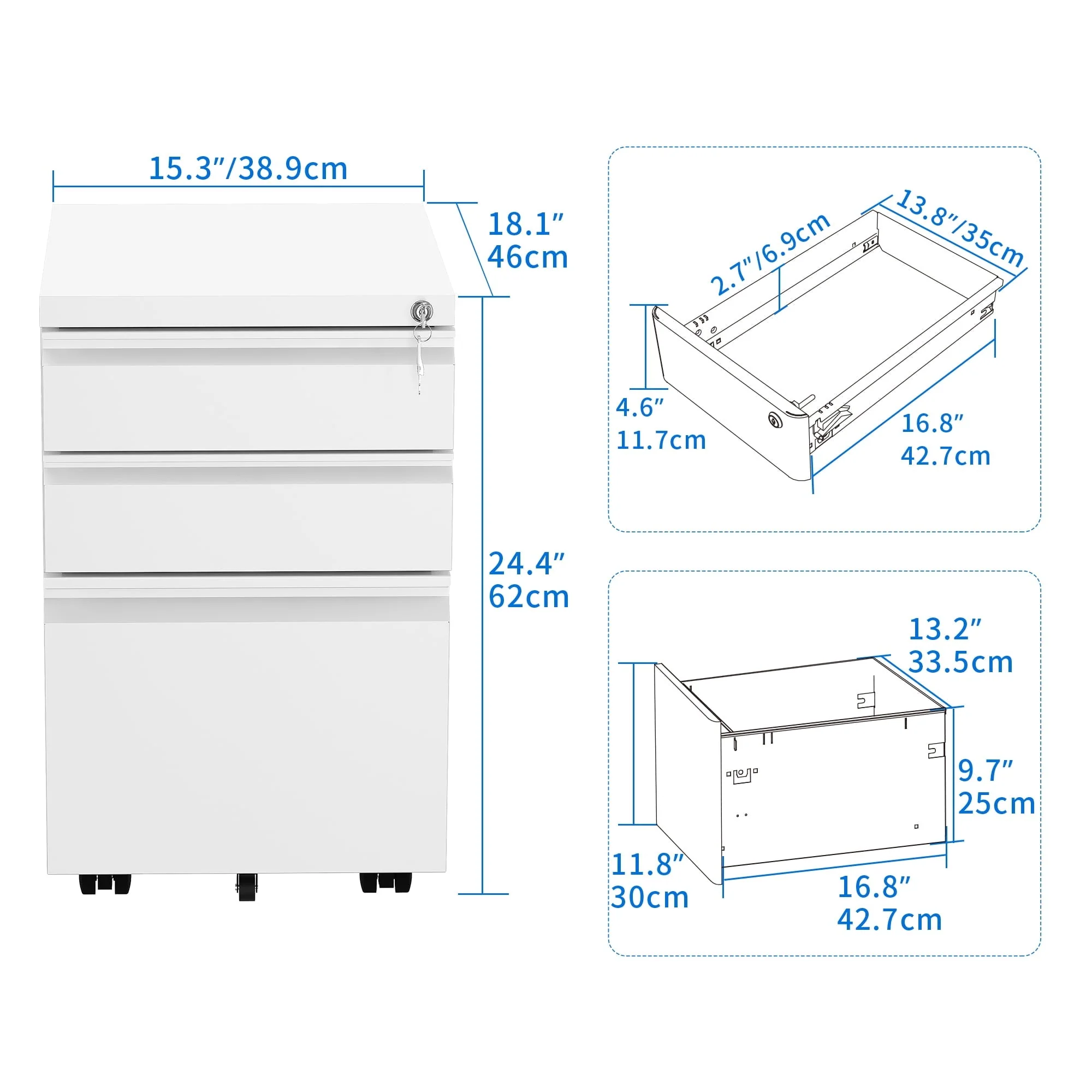 Dextrus 3-Drawer Mobile File Cabinet with Lock, Office Storage Filing Cabinet for Legal/Letter Size, White
