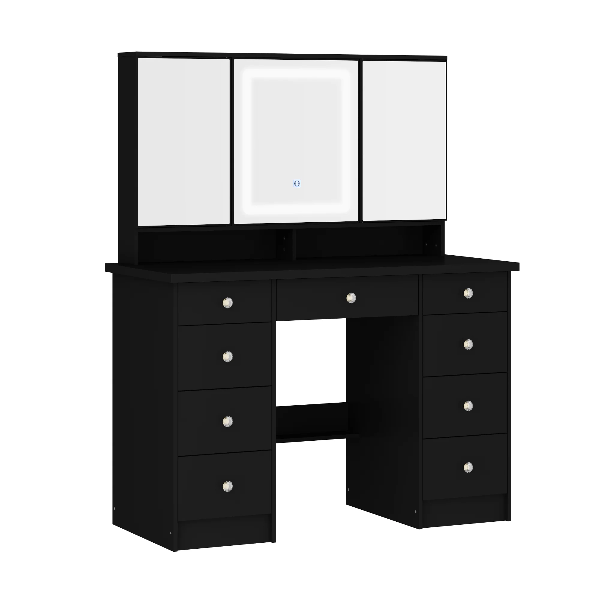 MONSLIPA Makeup Vanity Desk Set w/ Light, Sturdy Dressing Vanity Table with Bench, Shelves & Drawers