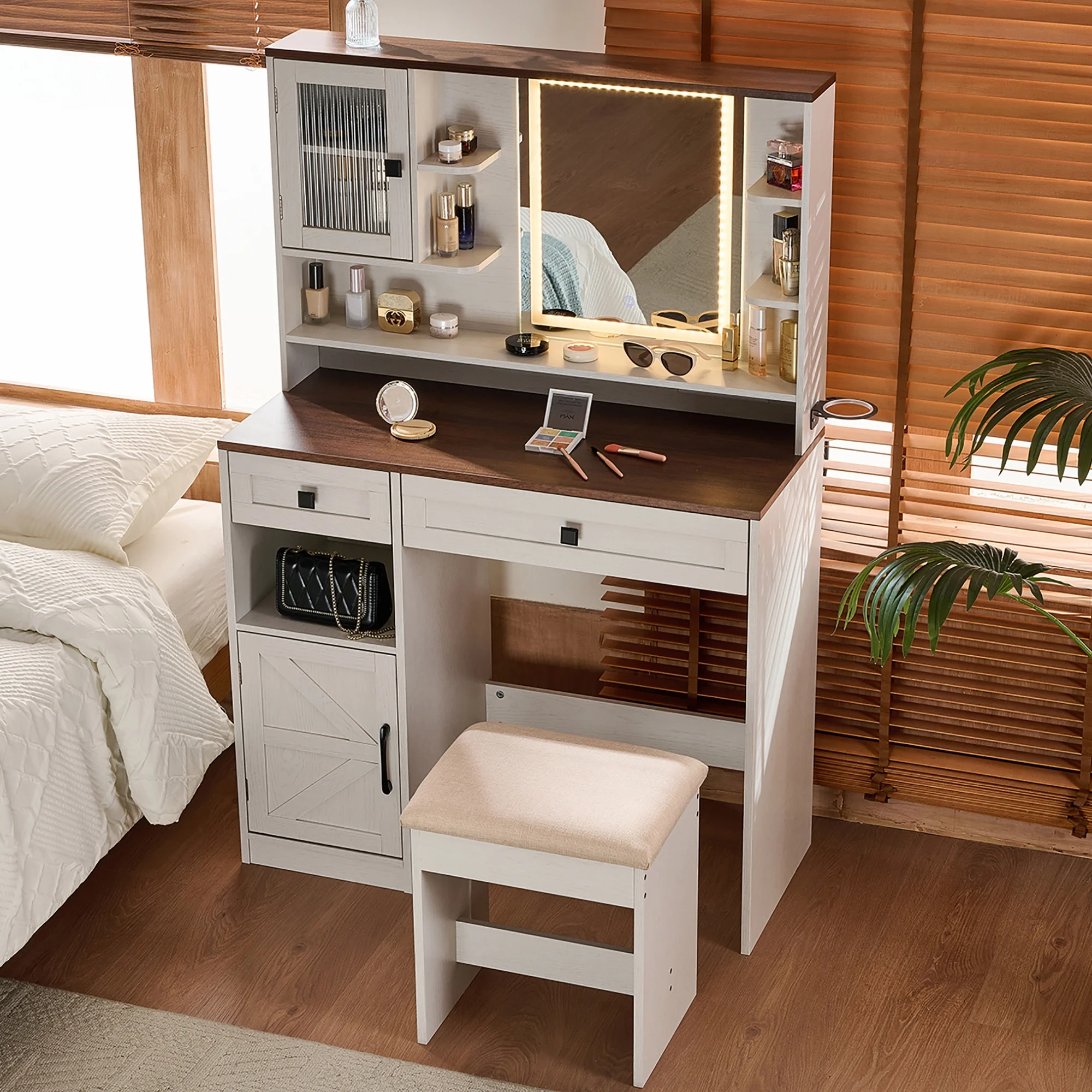 Farmhouse Makeup Vanity Desk with Mirror and Lights,Dressing Table Set with Charging Station and Stool,Drawers,Shelves and Side Cabinet,White
