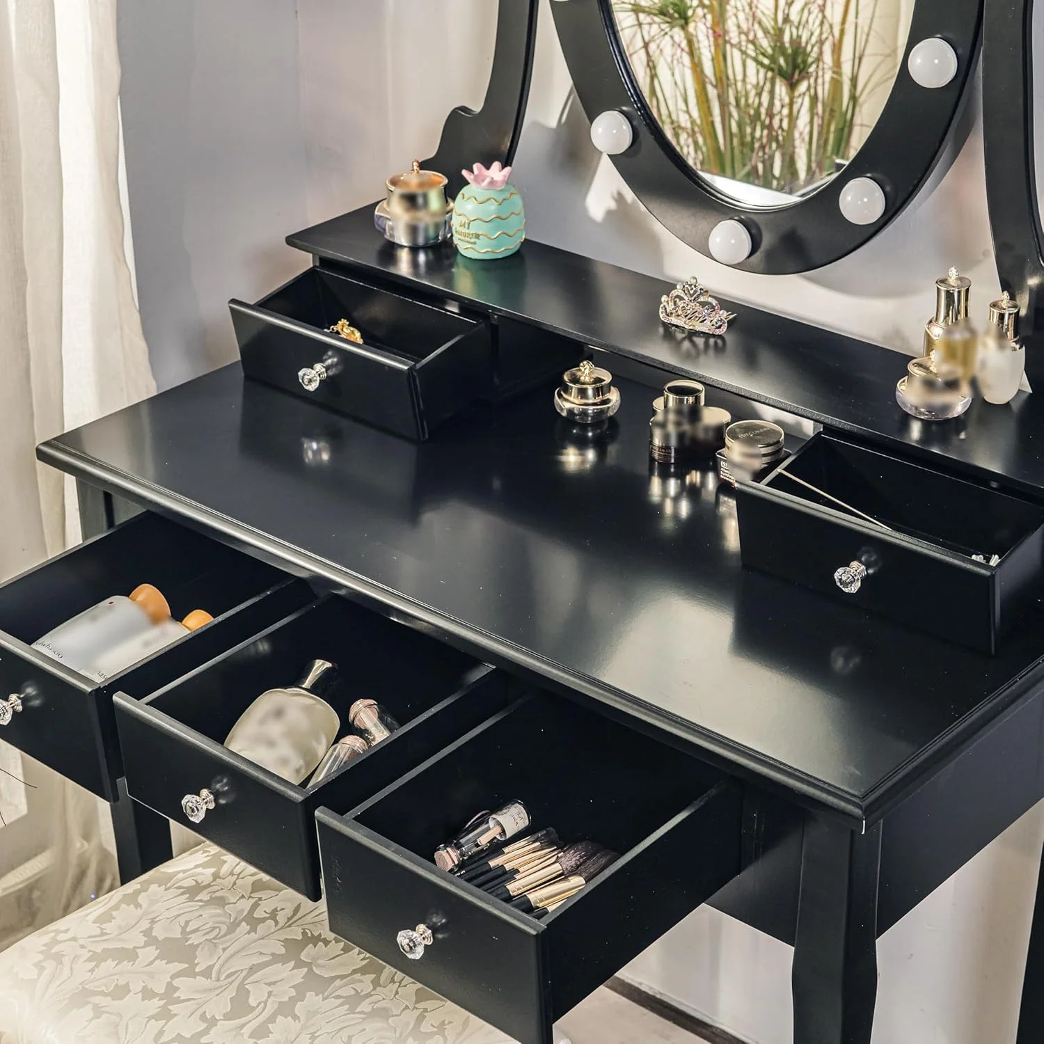 TROPOW Vanity Desk,Makeup Vanity,with Mirror and Lights,Vanity Desk with Mirror and Lights, Wood Makeup Dressing Table Stool with & Oval Mirror 3 Colors Lighting Modes Modern,Black