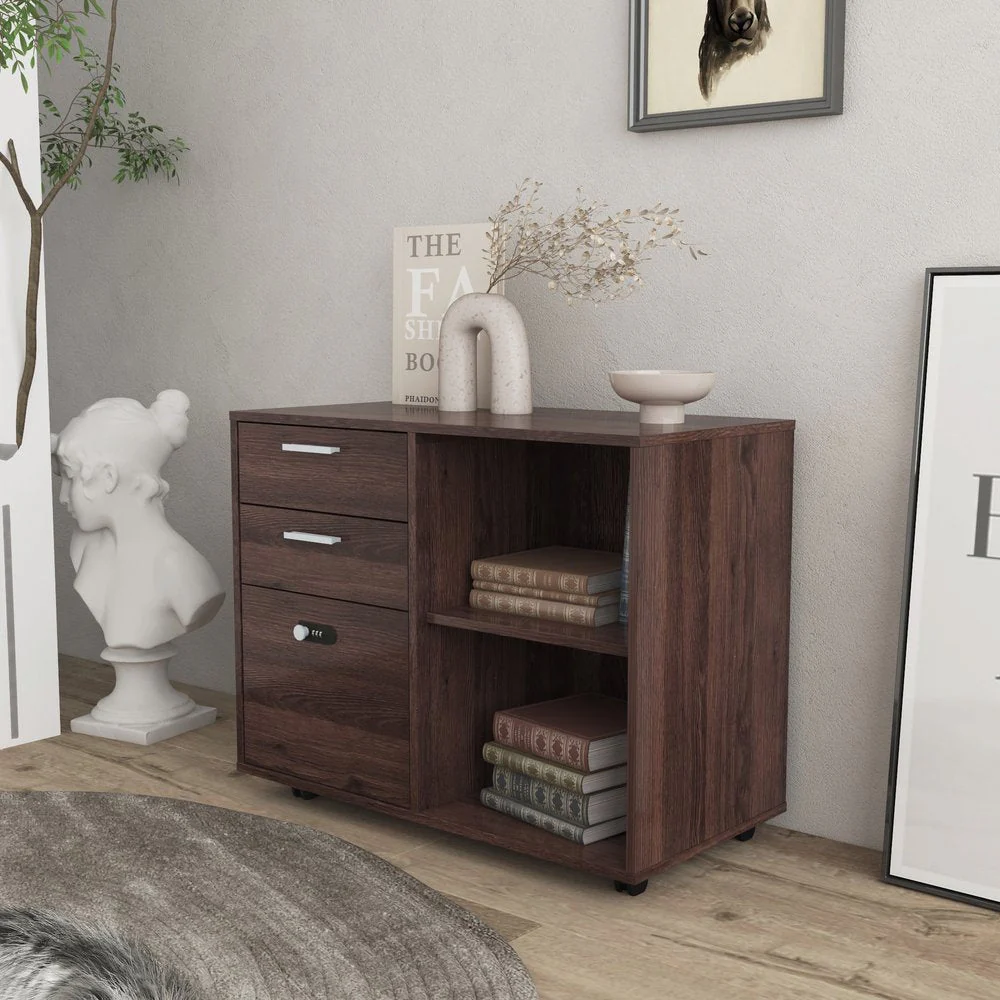Hassch Mobile Lateral Filing Cabinet Office Wood File Cabinet with Coded Lock Printer Stand with Storage Open Shelves, Brown Oak