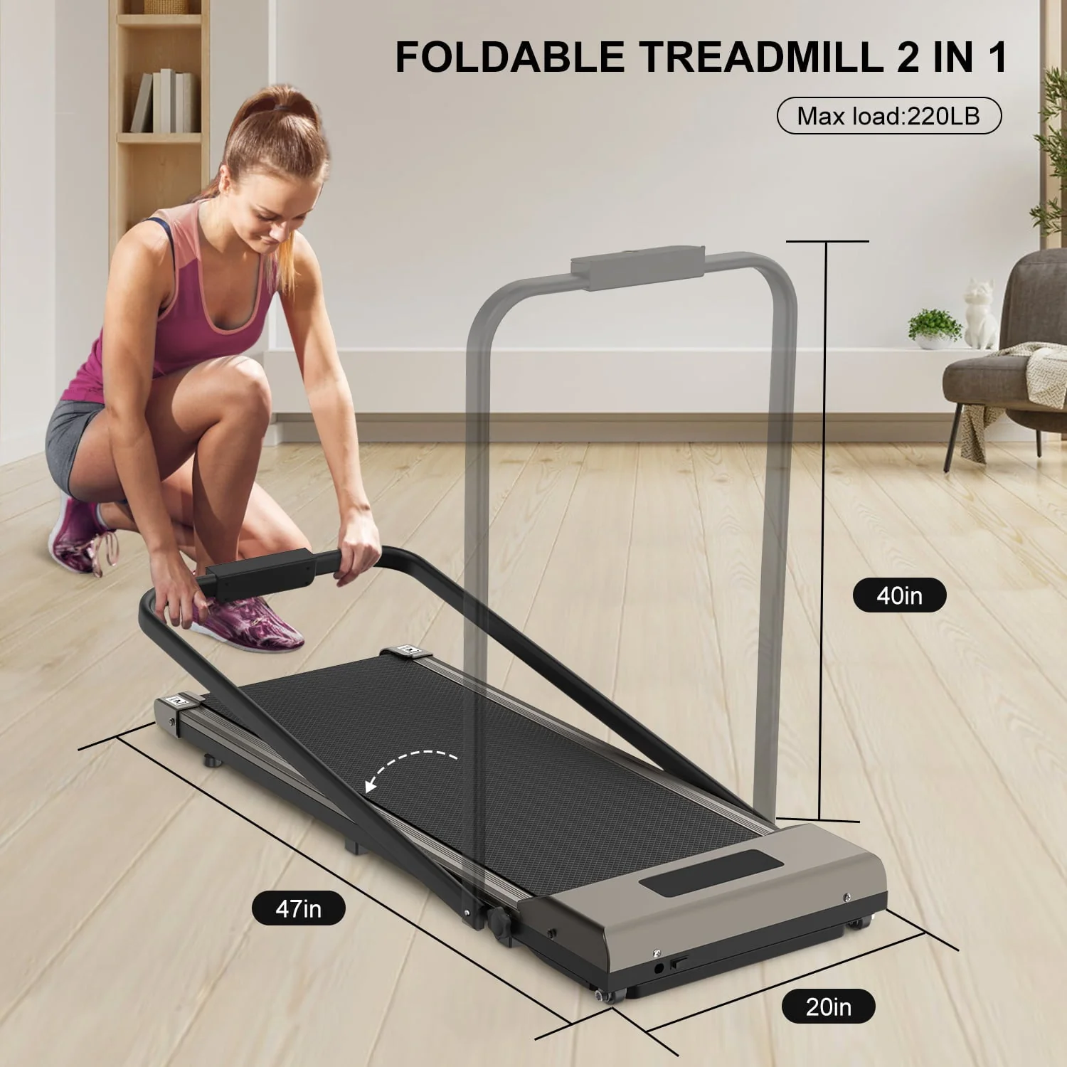 Bigzzia 2 in 1 Under Desk Treadmill, 2.5HP No Installation Portable Handrail Treadmills Running Machine, 6.25MPH, Treadmill with LED Display and Wireless Remote Control for Home/Office, 265 Lb