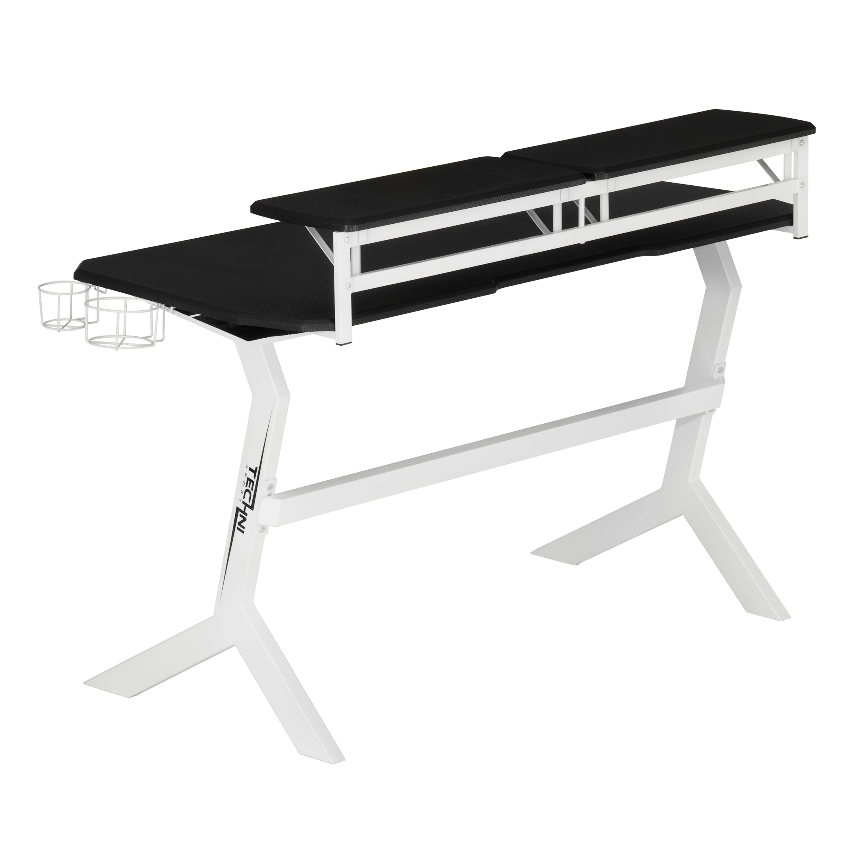 Techni Sport White Stryker Gaming Desk with Headphone Holder and Shelving, White