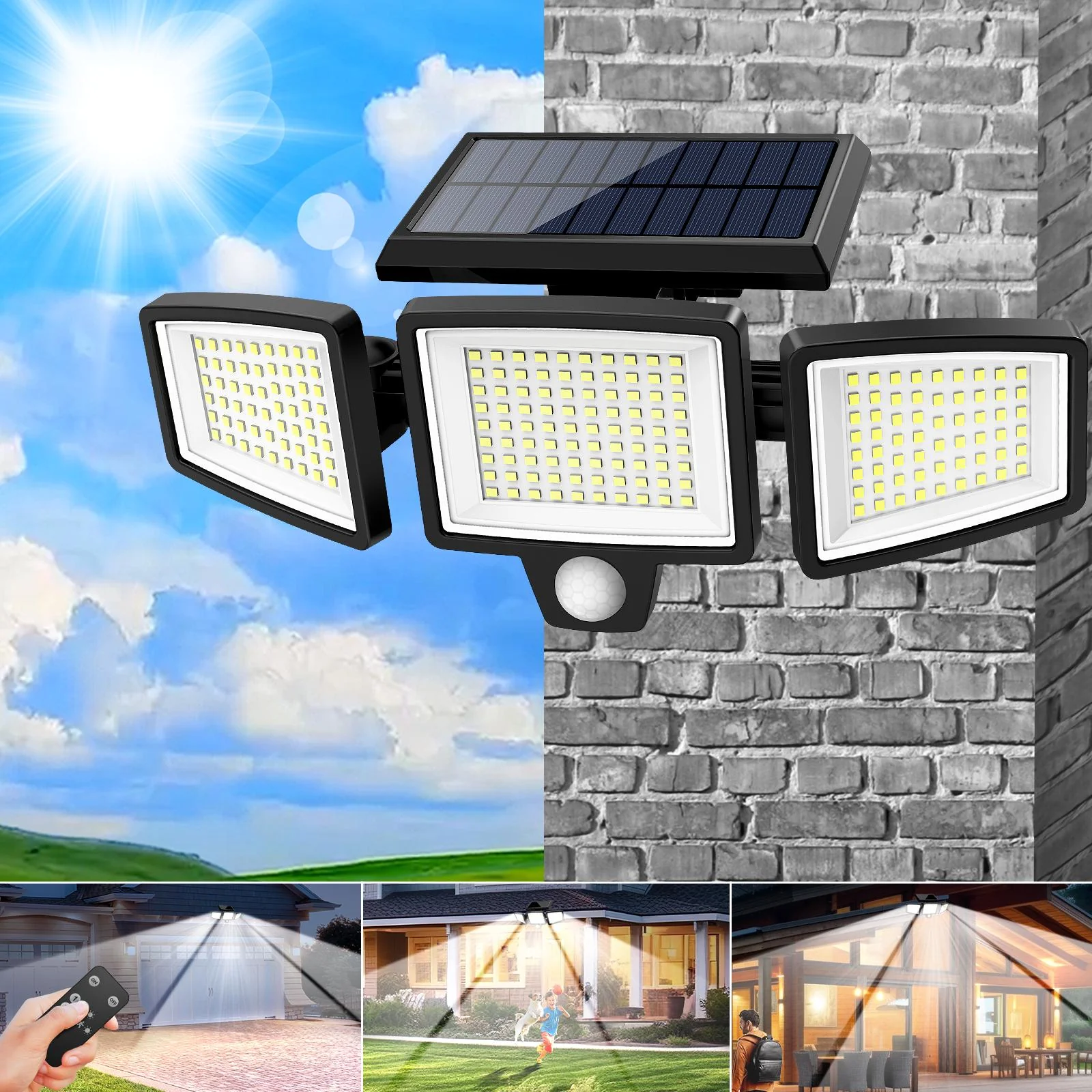 Outdoor Solar Light — 2500 Lumens, 210-LED Security Light; 3-Head Adjustable Spotlight Supporting 3 Working Modes