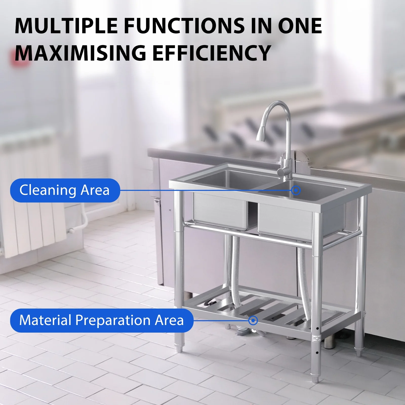 Danolapsi Stainless Steel Sink, Freestanding Double Bowl Laundry Sink with Hot & Cold Hoses, Outdoor Camping Utility Sink for Garage, Restaurant, Backyard