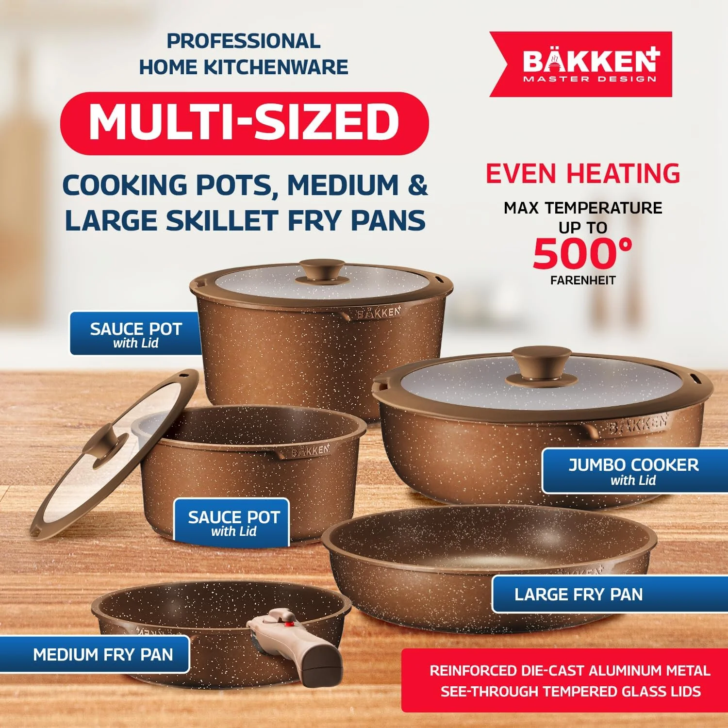 Bakken Master 38 Piece Granite Cookware and Bakeware Set �C Nonstick Granite Coating, Pots and Pans with Detachable Handles and Tempered Glass Lids, 6-piece Bakeware set, 12-piece Mixing Bowls,Brown