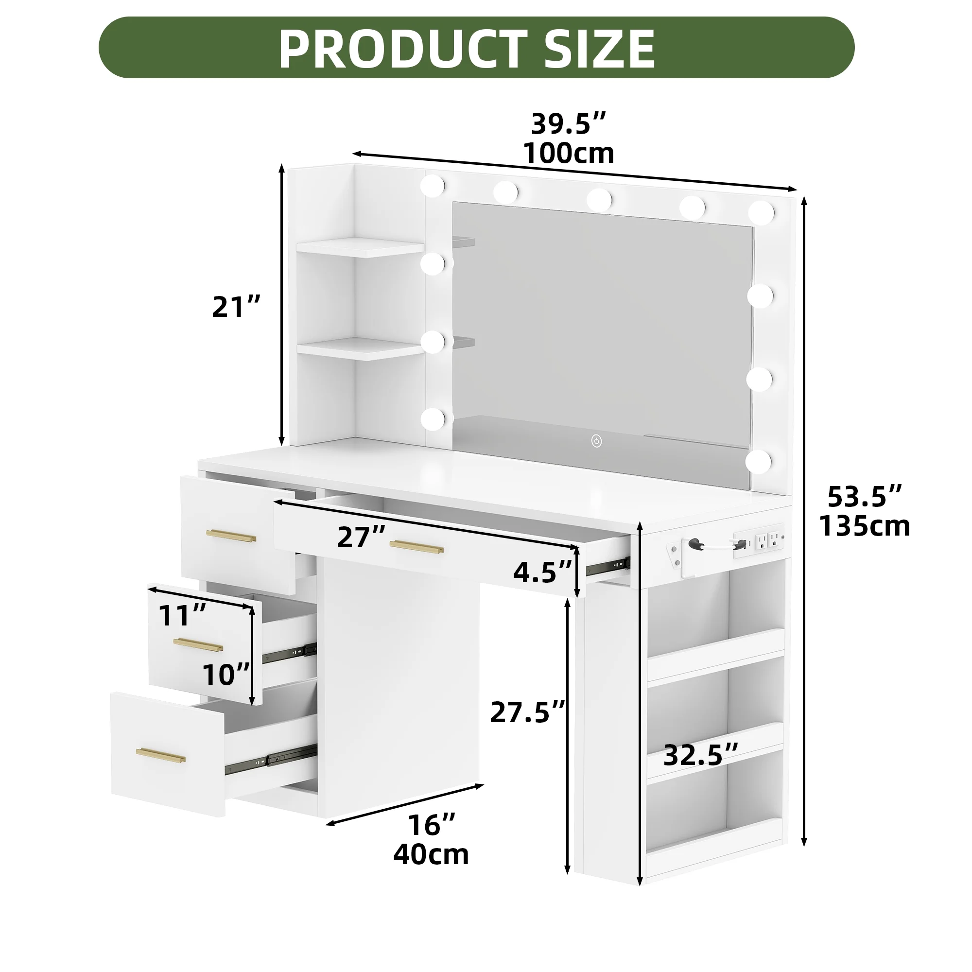 Uforic Makeup Vanity Desk with Mirror & Lights, Vanity Desk with 4 Drawers & Storage Shelves - White