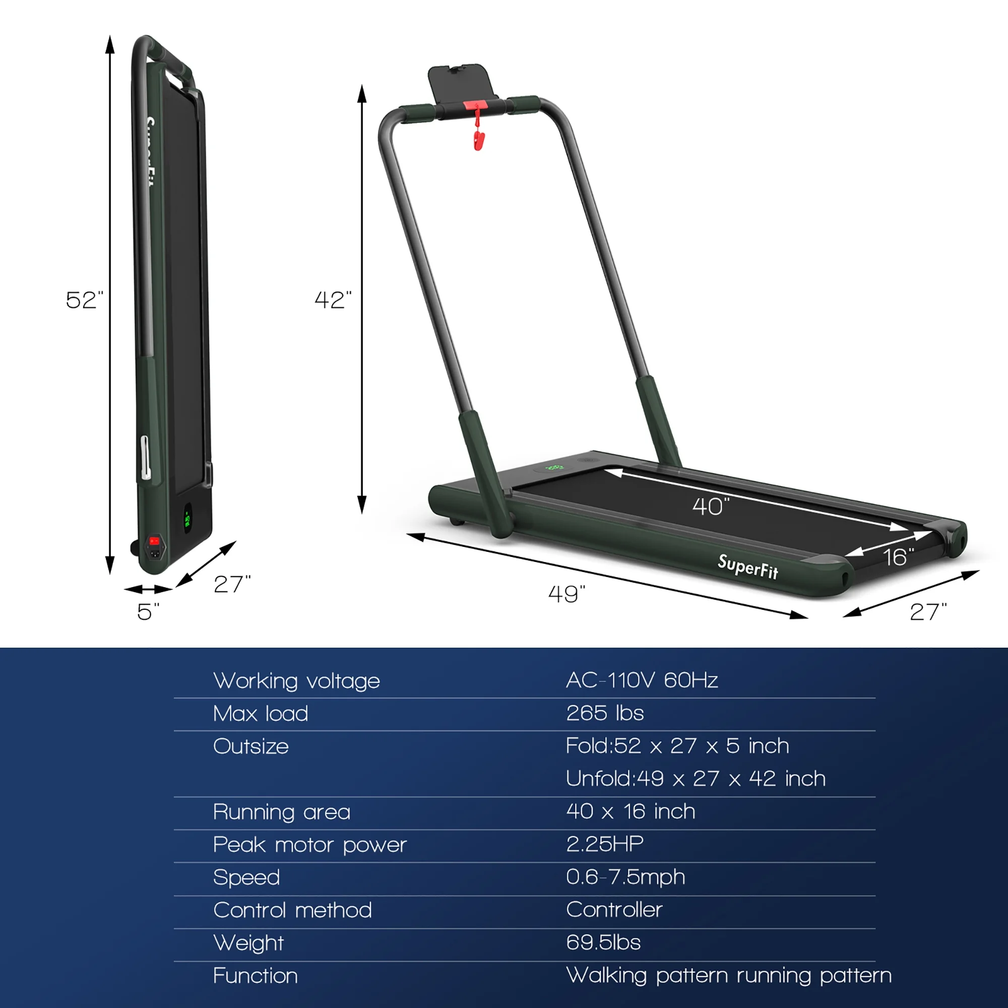 SuperFit Up To 7.5MPH 2.25HP 2-in-1 Folding Under Desk Treadmill W/Speaker Controller APP, Single Display Screen Silver