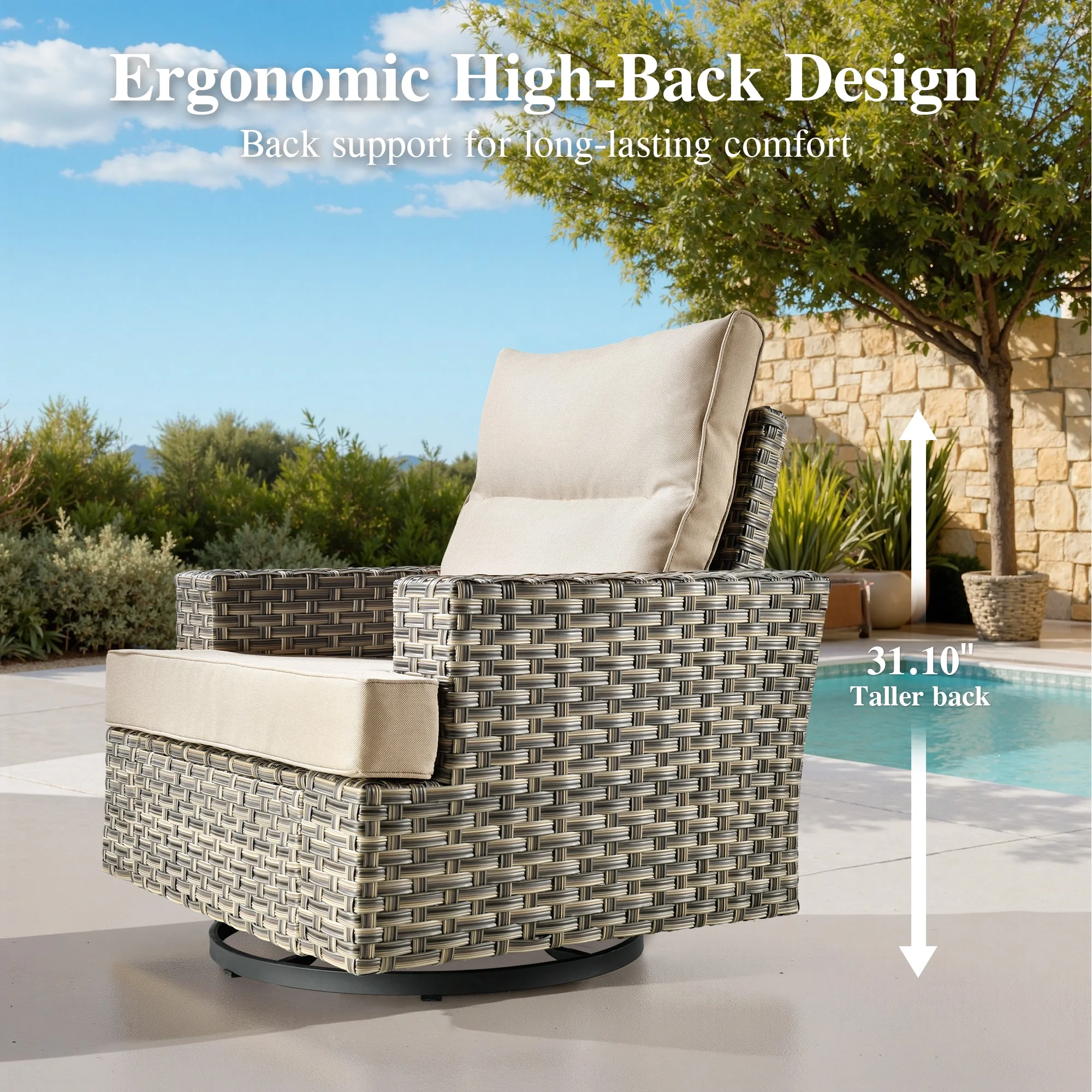 Ovios 10 Pieces Outdoor Patio Furniture Modern High-Back All-Weather Wicker Sectional Conversation Set with Propane Fire Pit Table & Swivel Chair, Dark Gray