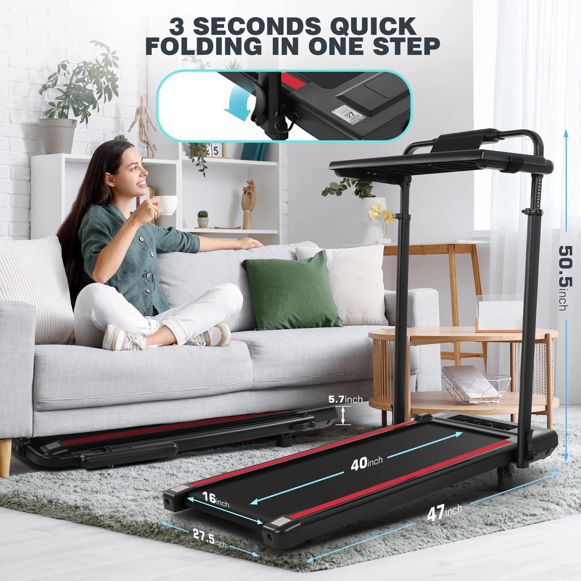 Simpfree 3 in 1 Under Desk Treadmill with Removable Desk, Walking Pad with Height Adjustable Armrests, LED Touch Screen, Remote Control, 0.5-7.5 mph