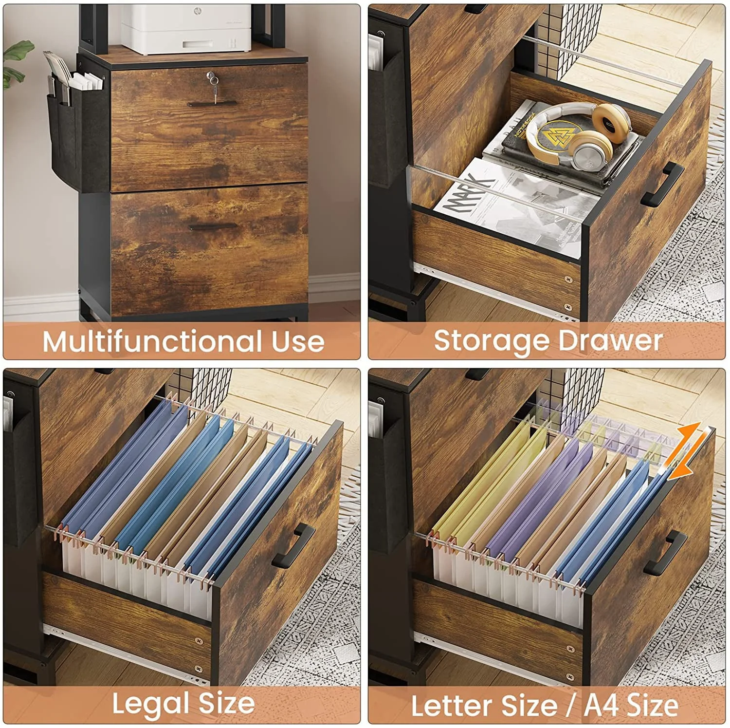 2 Drawer File Cabinet with Lock&Storage Bag,Rustic Home Office Filing Cabinets with Adjustable Storage Shelf,Brown