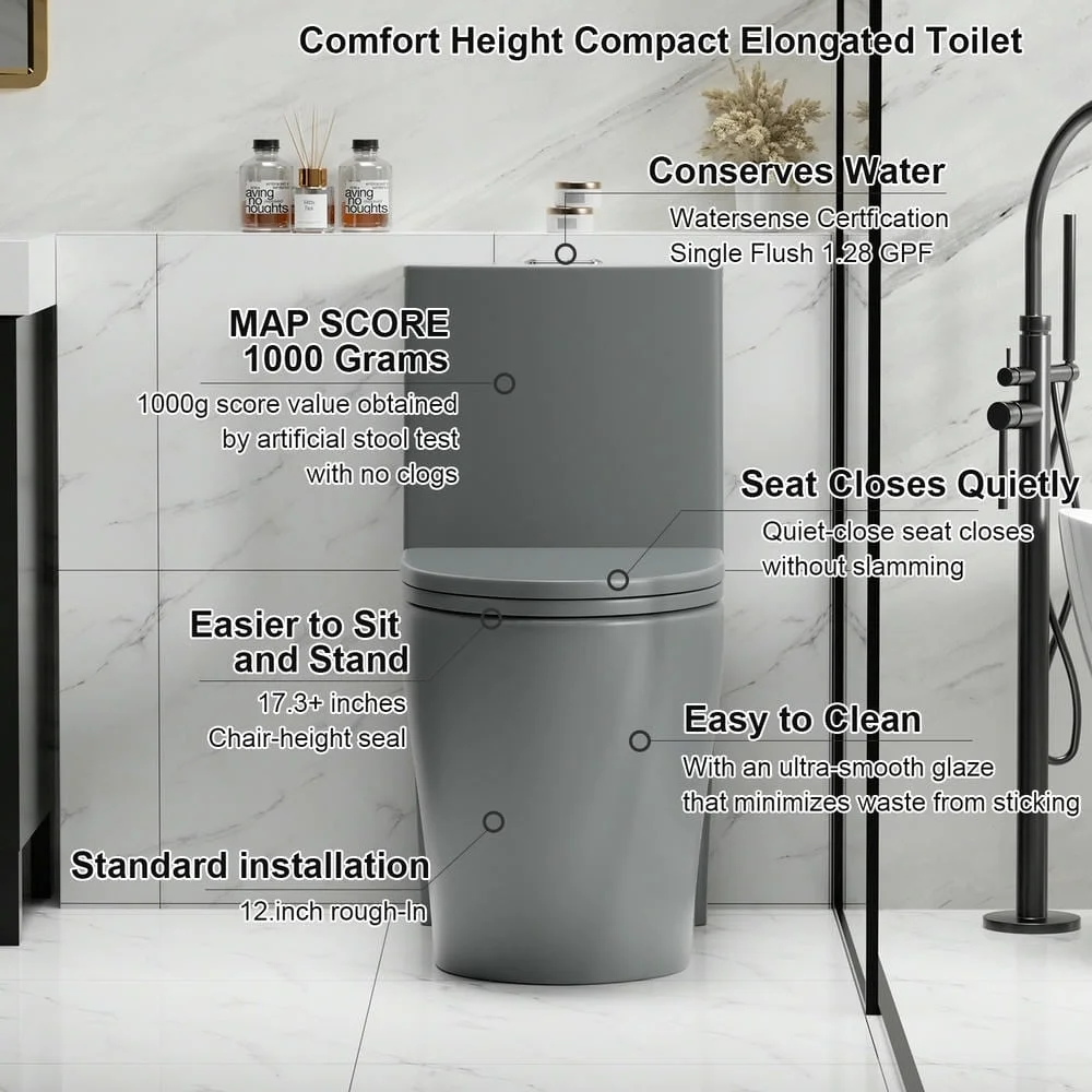 Spaco 1.1/1.6 GPF Dual Flush One-Piece Toilet, Button on Tank top S-trap 12 inches, Elongated Bowl with Soft Close Seat, Water-Saving MAP 1000g, Comfort Chair Seat ADA Height, Light Gray