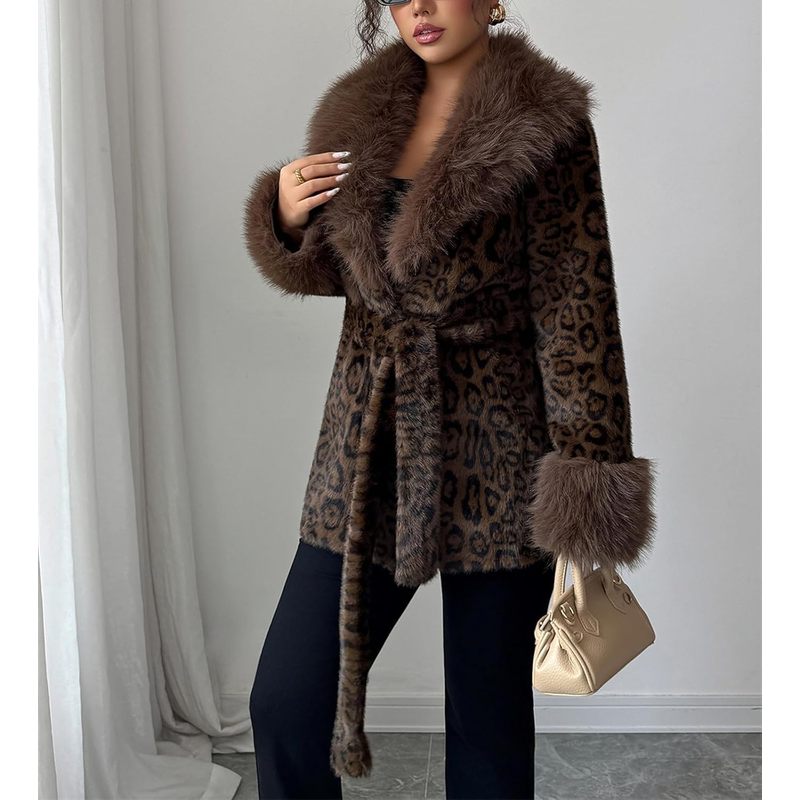 Women's Leopard Print Fluffy Faux Fur Coat Winter Shaggy