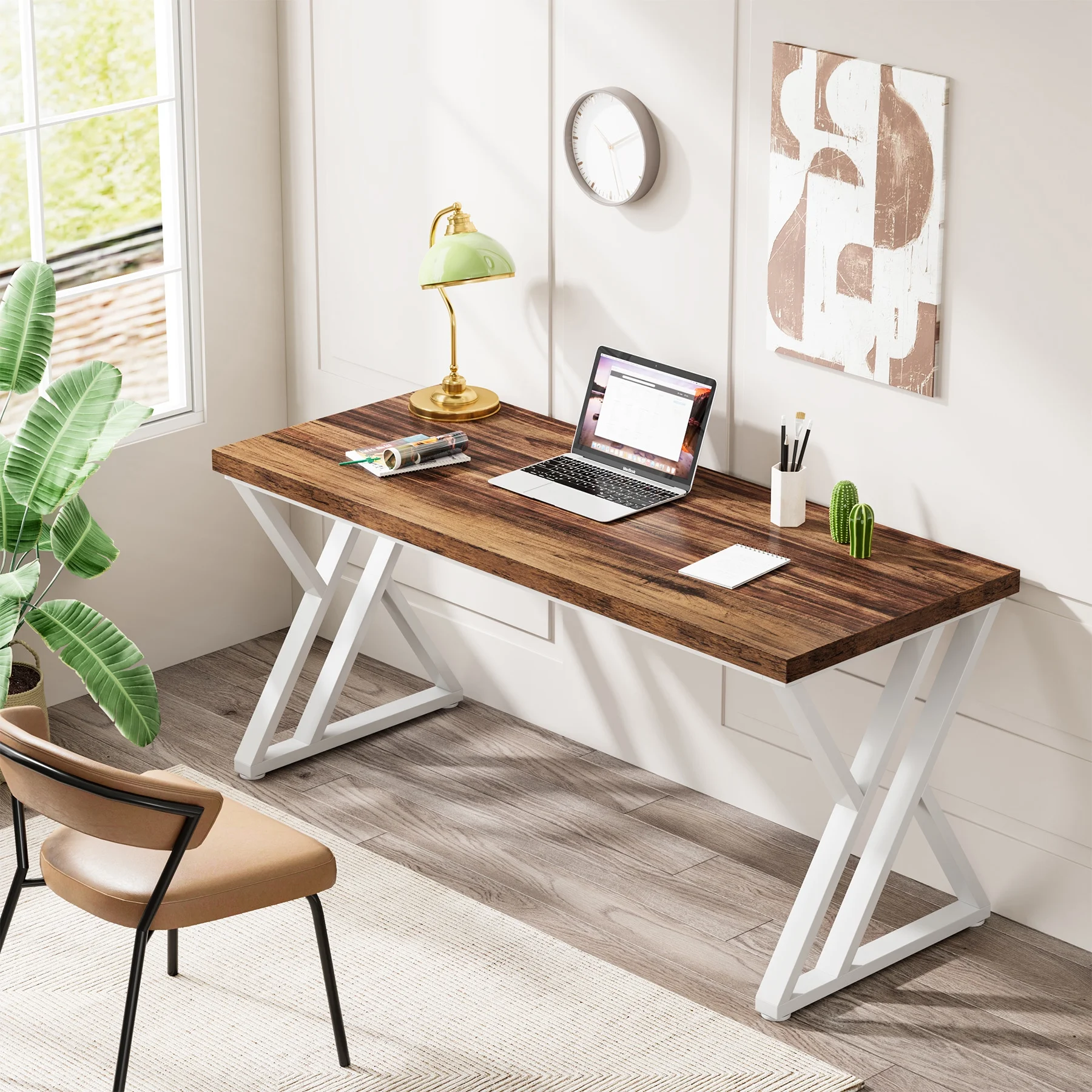 Heavy Duty Study Desk with Z-Shaped Metal Leg, Modern Simple Home Office Computer Desk, Rustic Brown