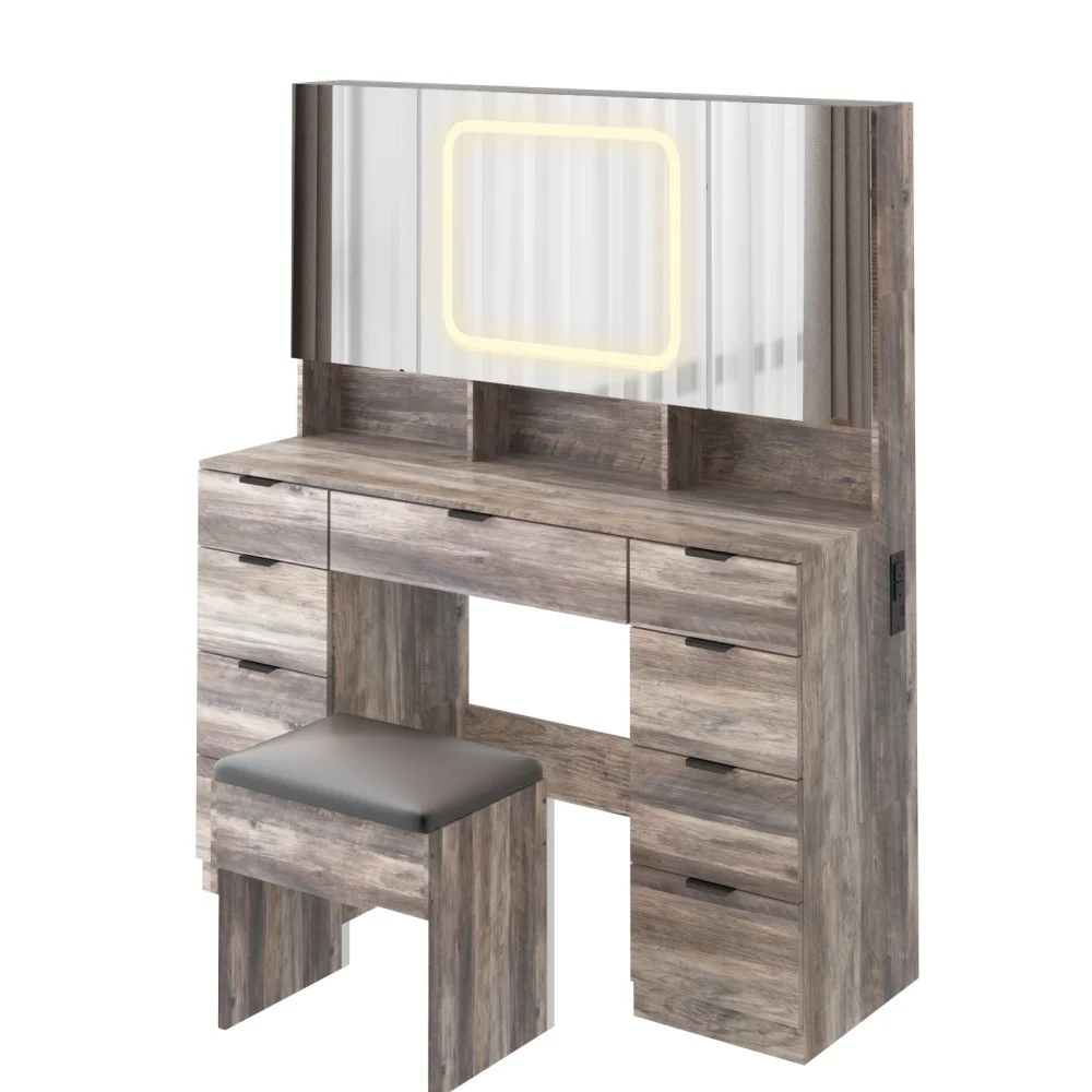 IVV Vanity Desk Set with Large LED Lighted Mirror & Power Outlet, Makeup Dressing Table with 9 Drawers and 3 Cabinets in Mirrored Doors, 47