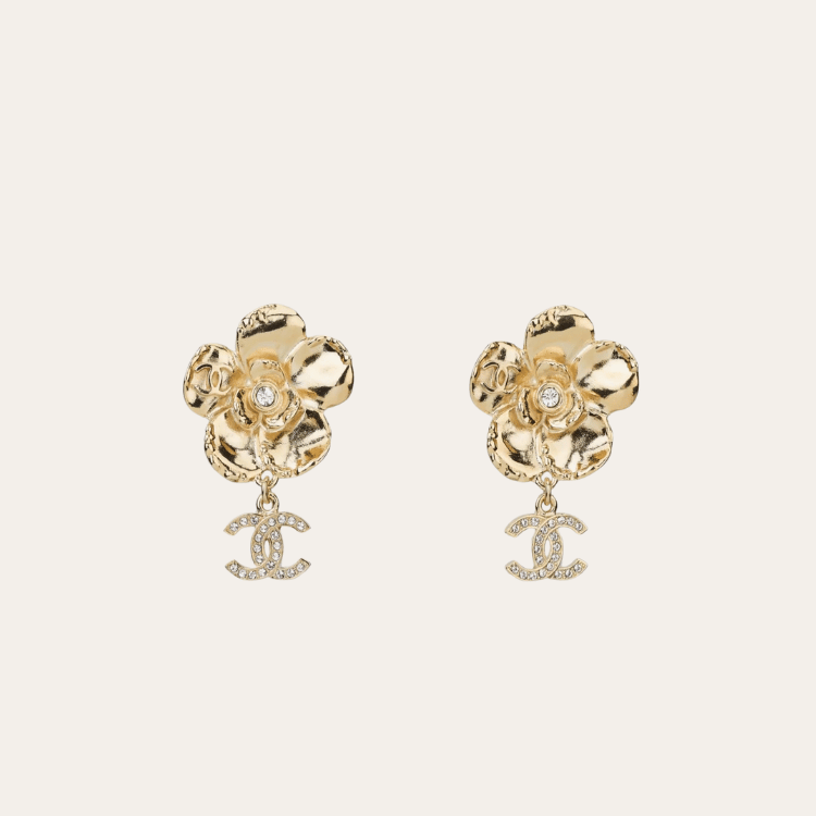 Chanel Camellia Flower Drop Earrings With Cc Logo Gold-Tone