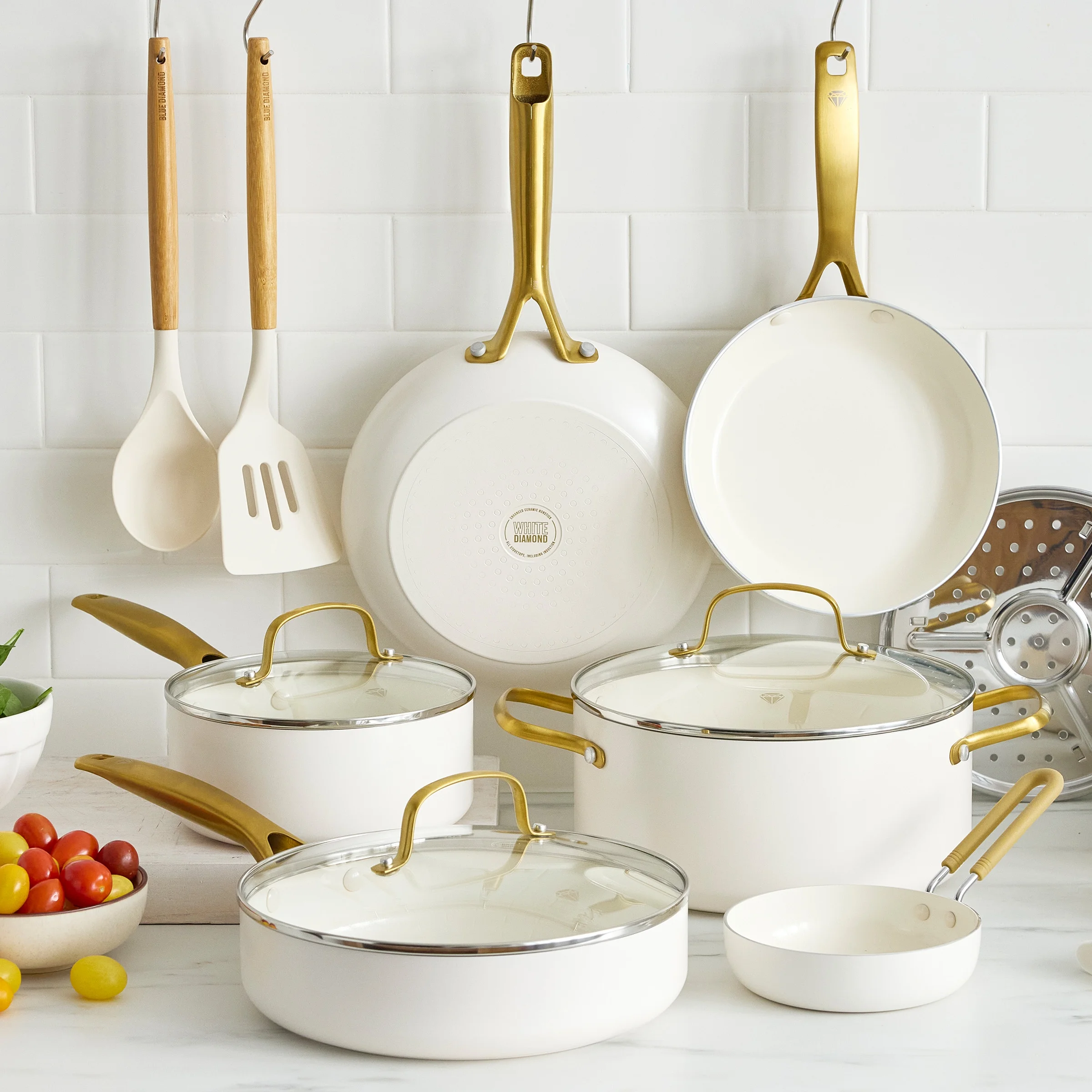 Blue Diamond White 12 Piece Nonstick Aluminum Pot and Pan Cookware Set, Gold